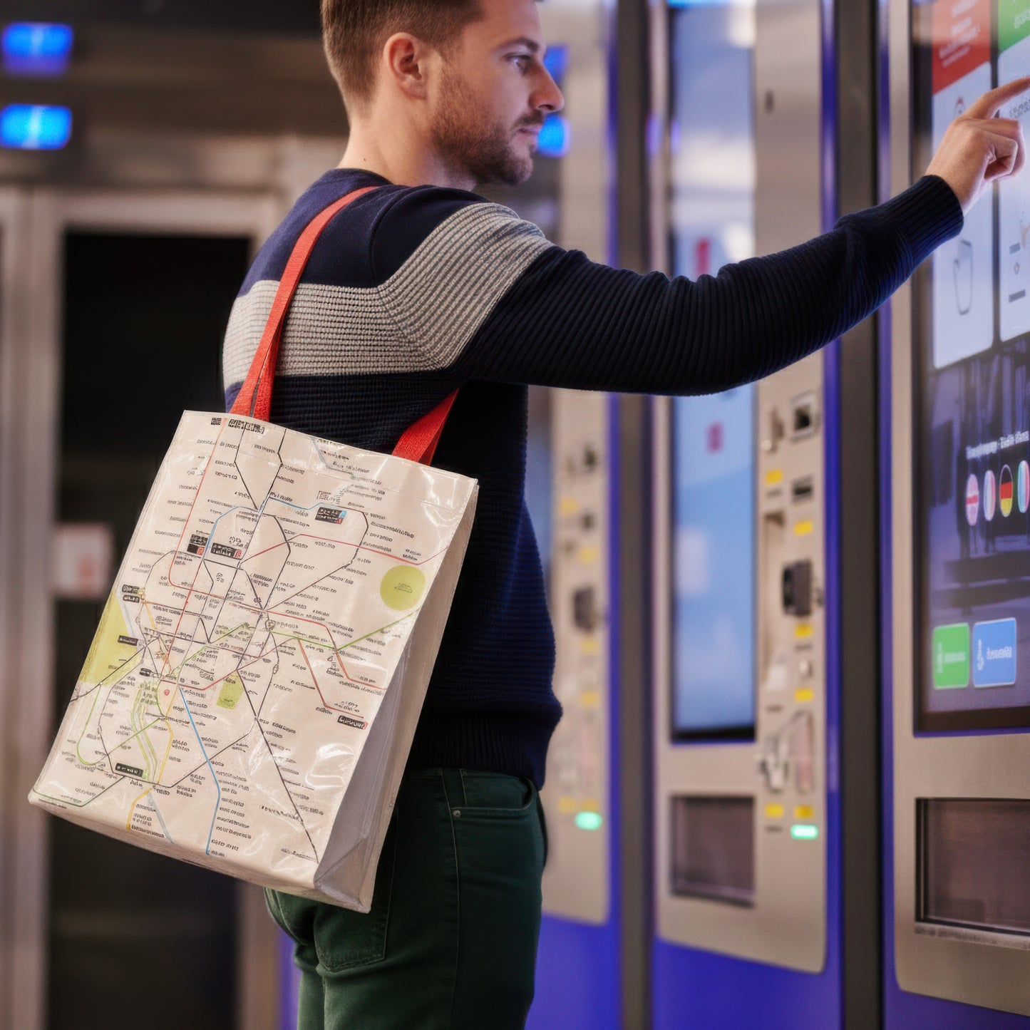 Hombre con bolsa ecológica estampada con mapa del metro, usando máquina expendedora en estación.