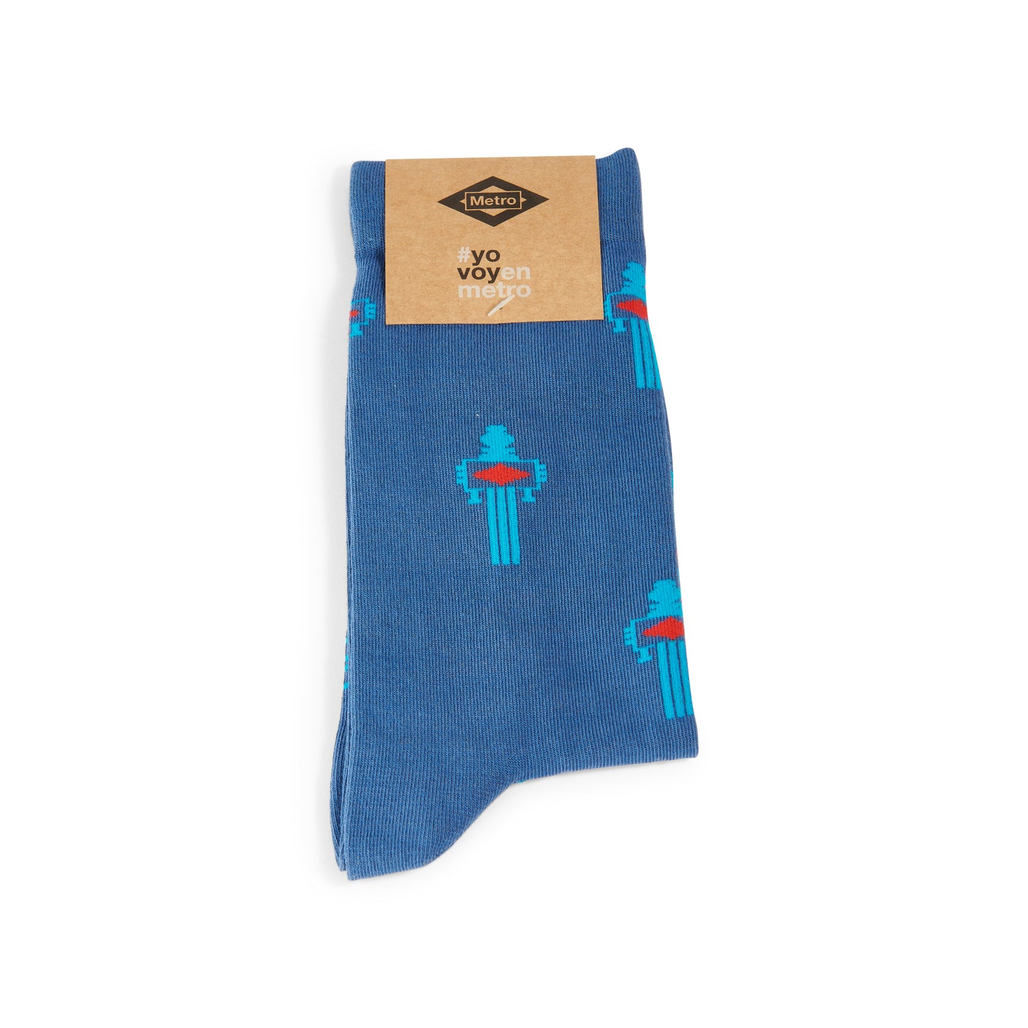 Calcetín azul modelo Totem con figuras azules y detalles rojos, empaque Metro CDMX