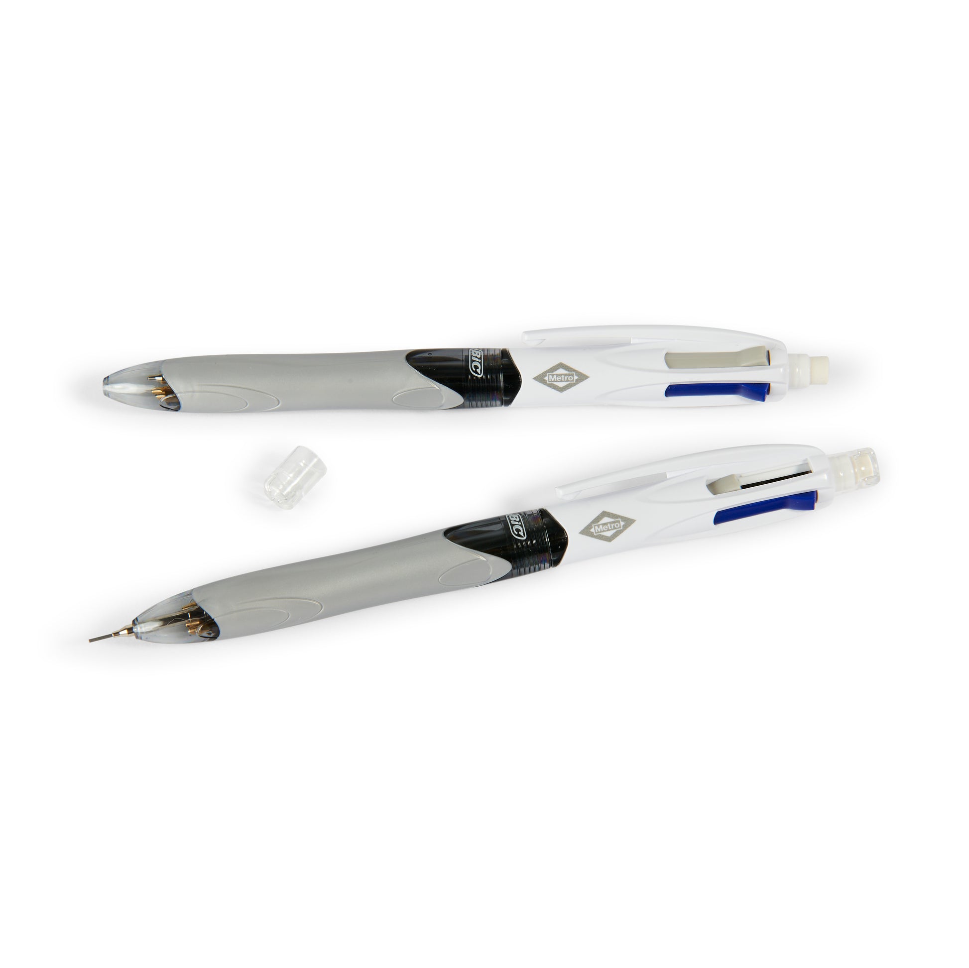 Lapicero mecánico gris y blanco Hamilton, con clip y goma, sobre fondo blanco