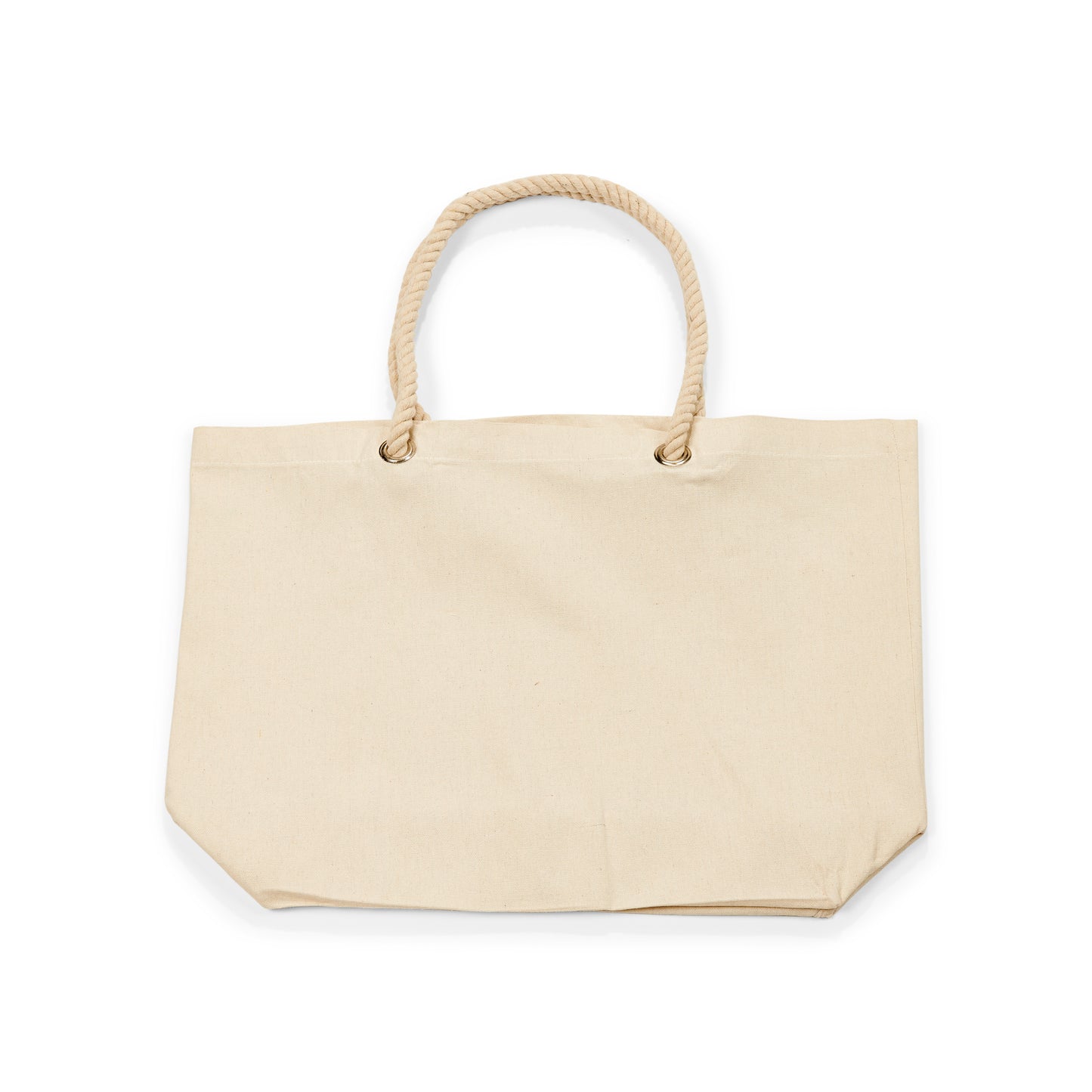 Maxi bolsa de tela beige con asas de cuerda, fondo blanco, bolso ecológico grande