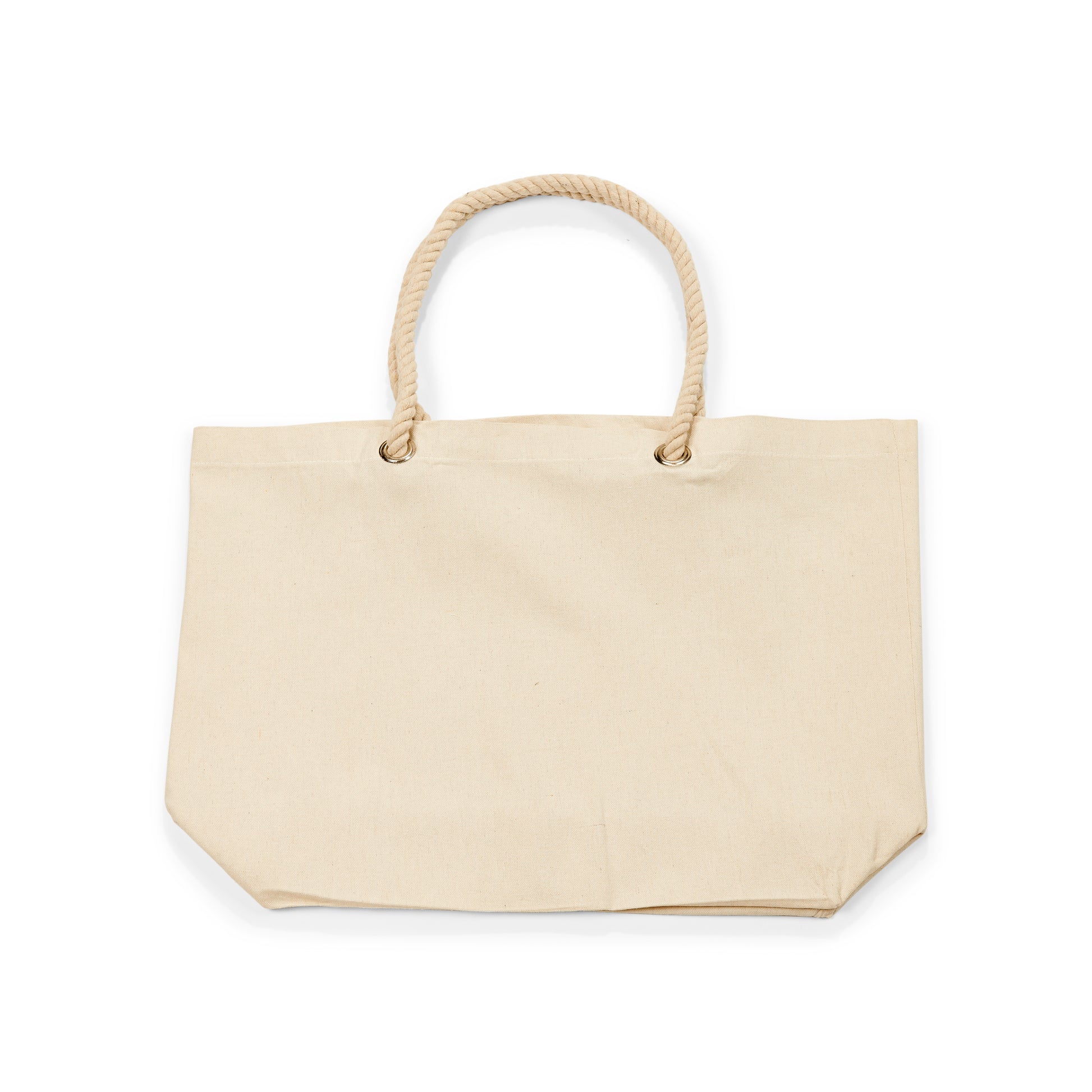 Maxi bolsa de tela beige con asas de cuerda, fondo blanco, bolso ecológico grande