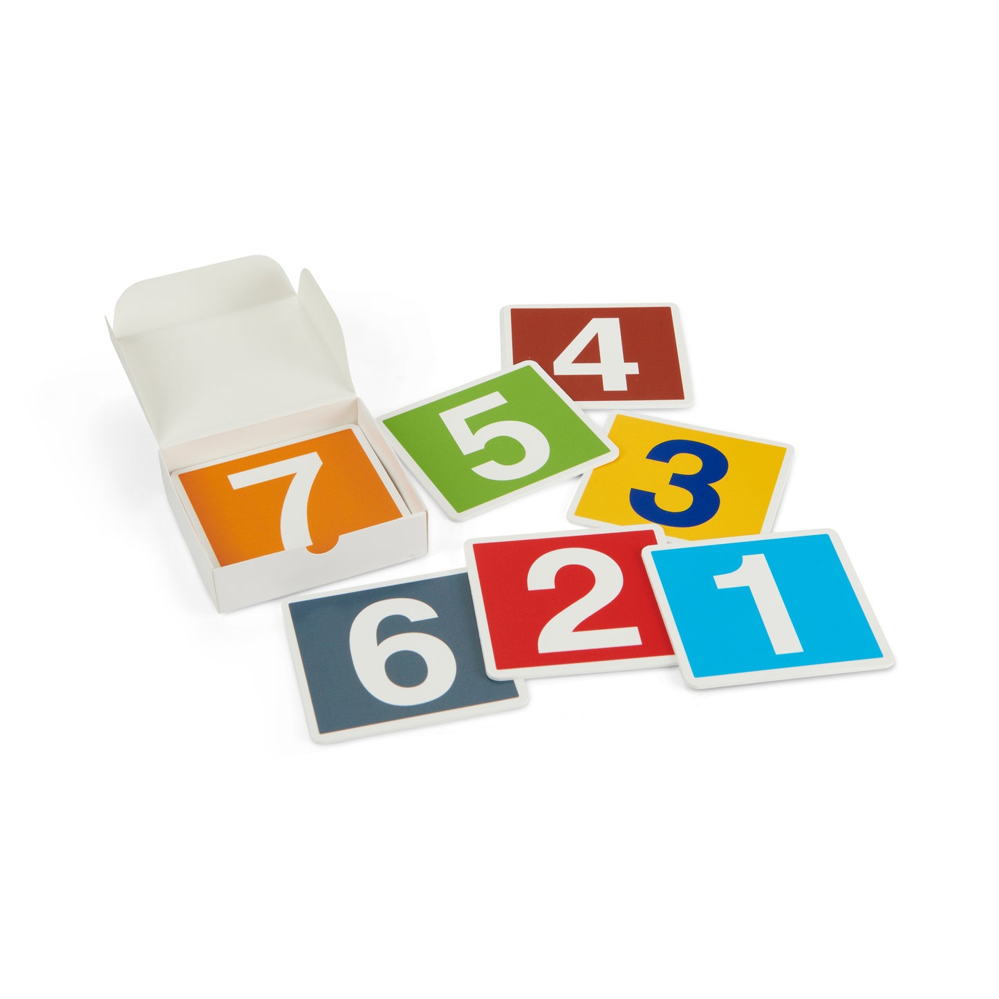 Tarjetas didácticas de números coloridas con caja blanca, material educativo infantil.