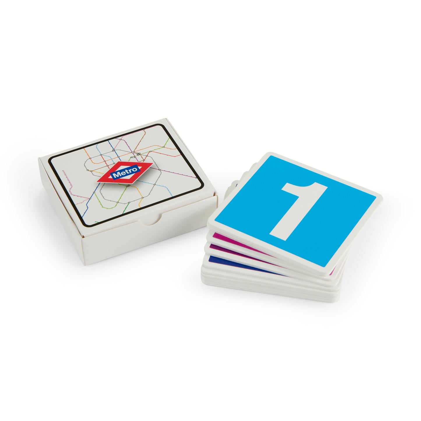 Set de cartas Metro Madrid, caja con mapa y cartas numeradas, fondo blanco