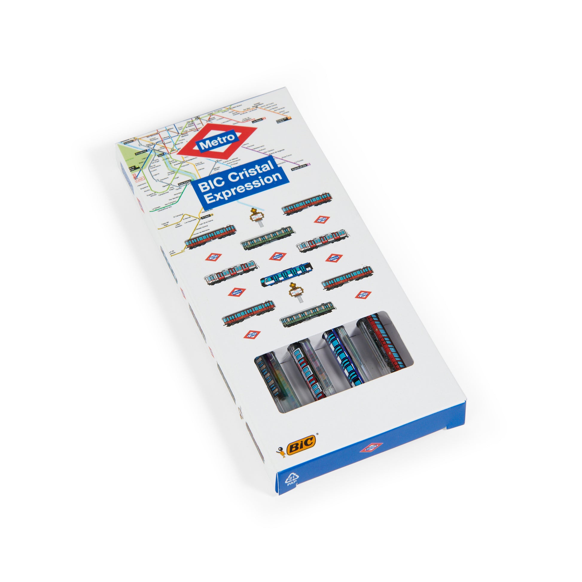 Estuche de bolígrafos BIC Cristal Expression edición Metro de Madrid sobre fondo blanco.