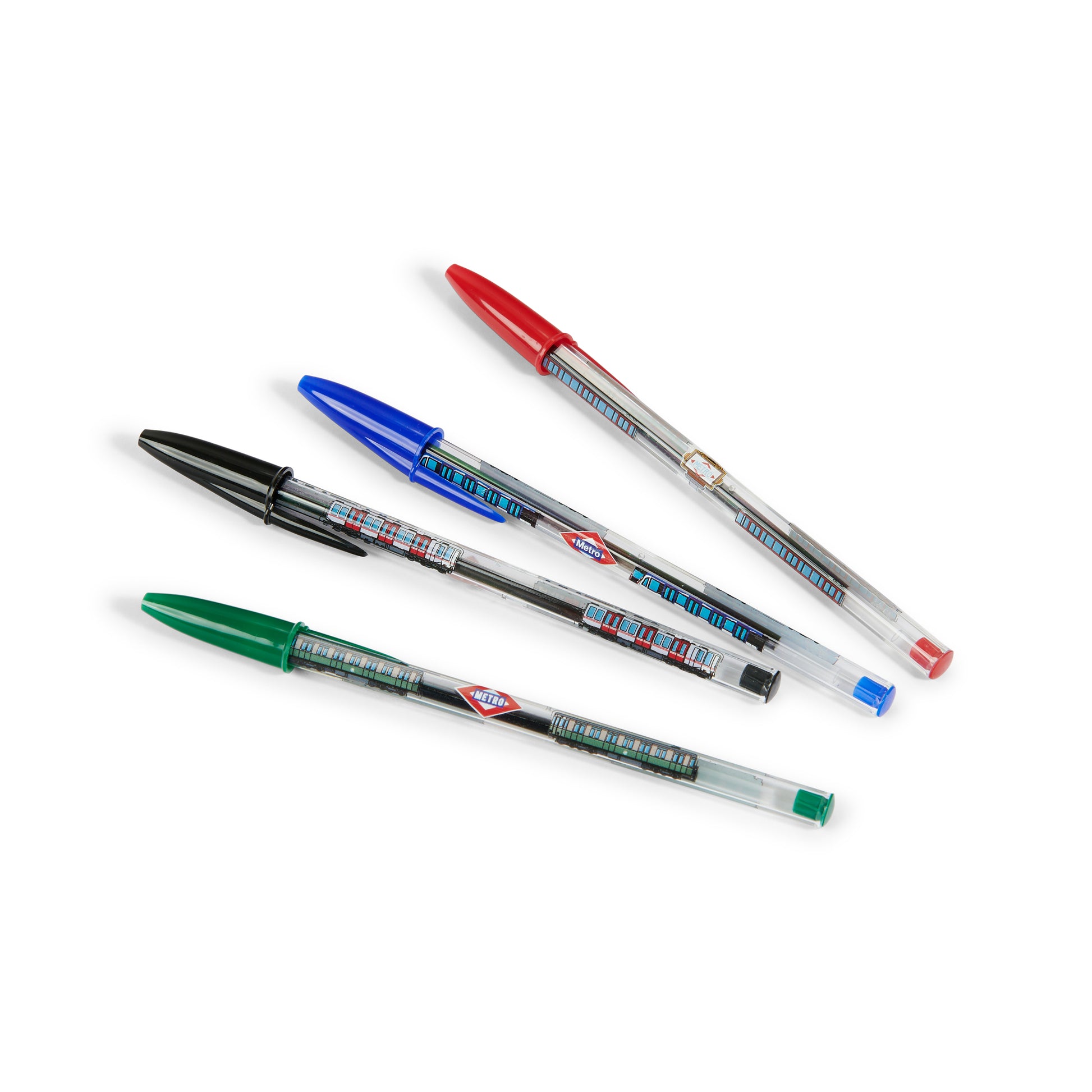 Bolígrafos Metro de colores negro, azul, rojo y verde sobre fondo blanco