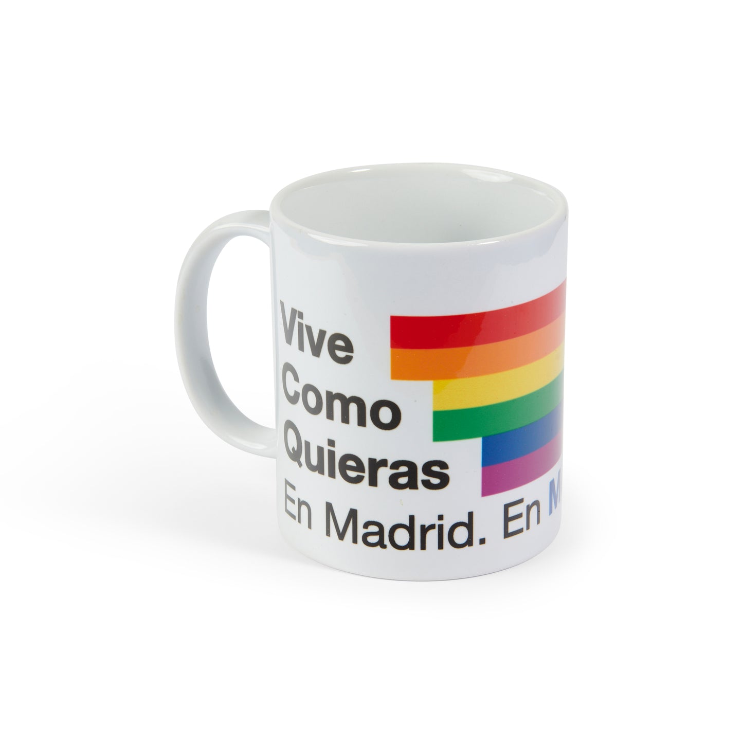 Taza blanca con mensaje 'Vive Como Quieras' y bandera LGBT arcoíris en Madrid
