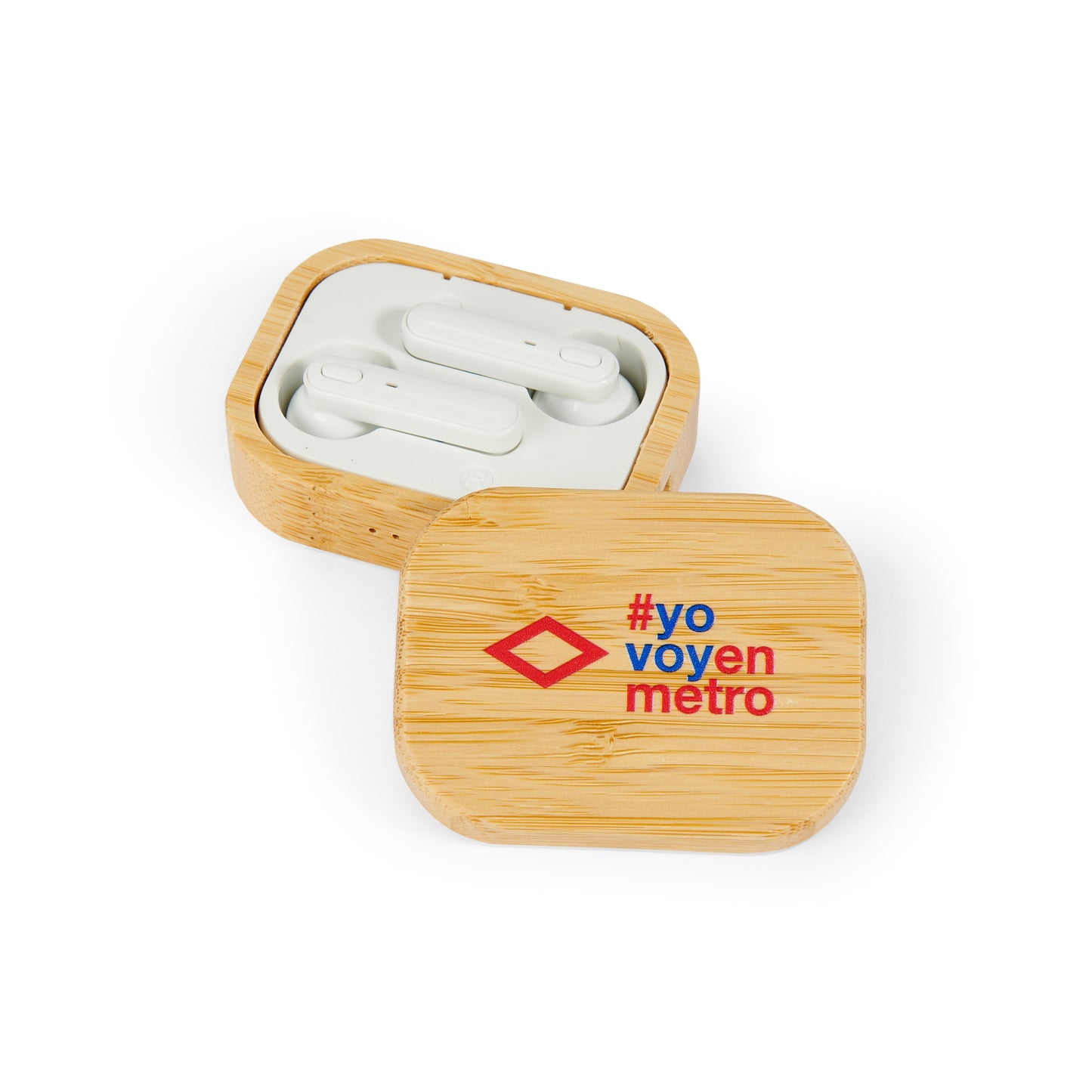 Auriculares inalámbricos blancos en estuche de bambú con logo #yovoyenmetro