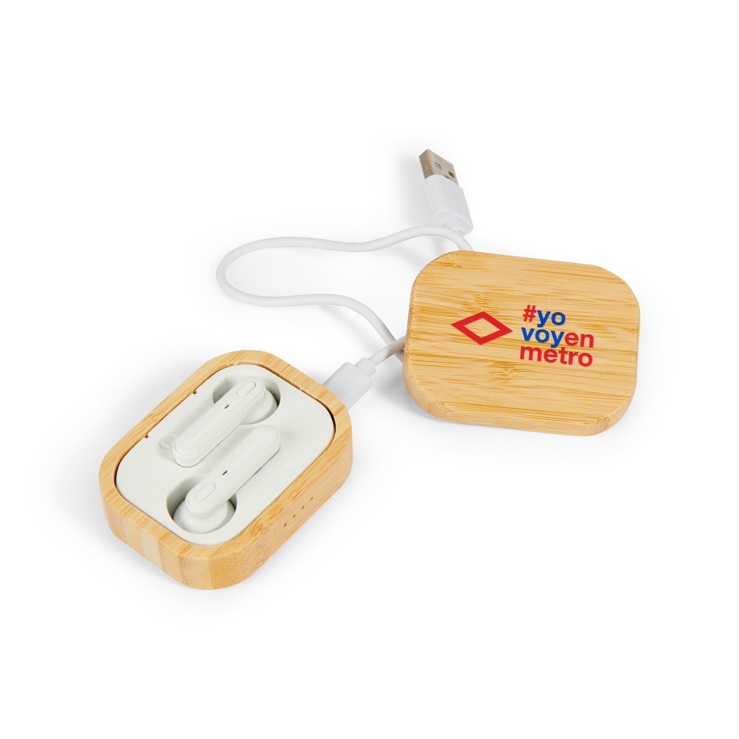 Audífonos inalámbricos en estuche de bambú con cable USB y logo #yovoyenmetro
