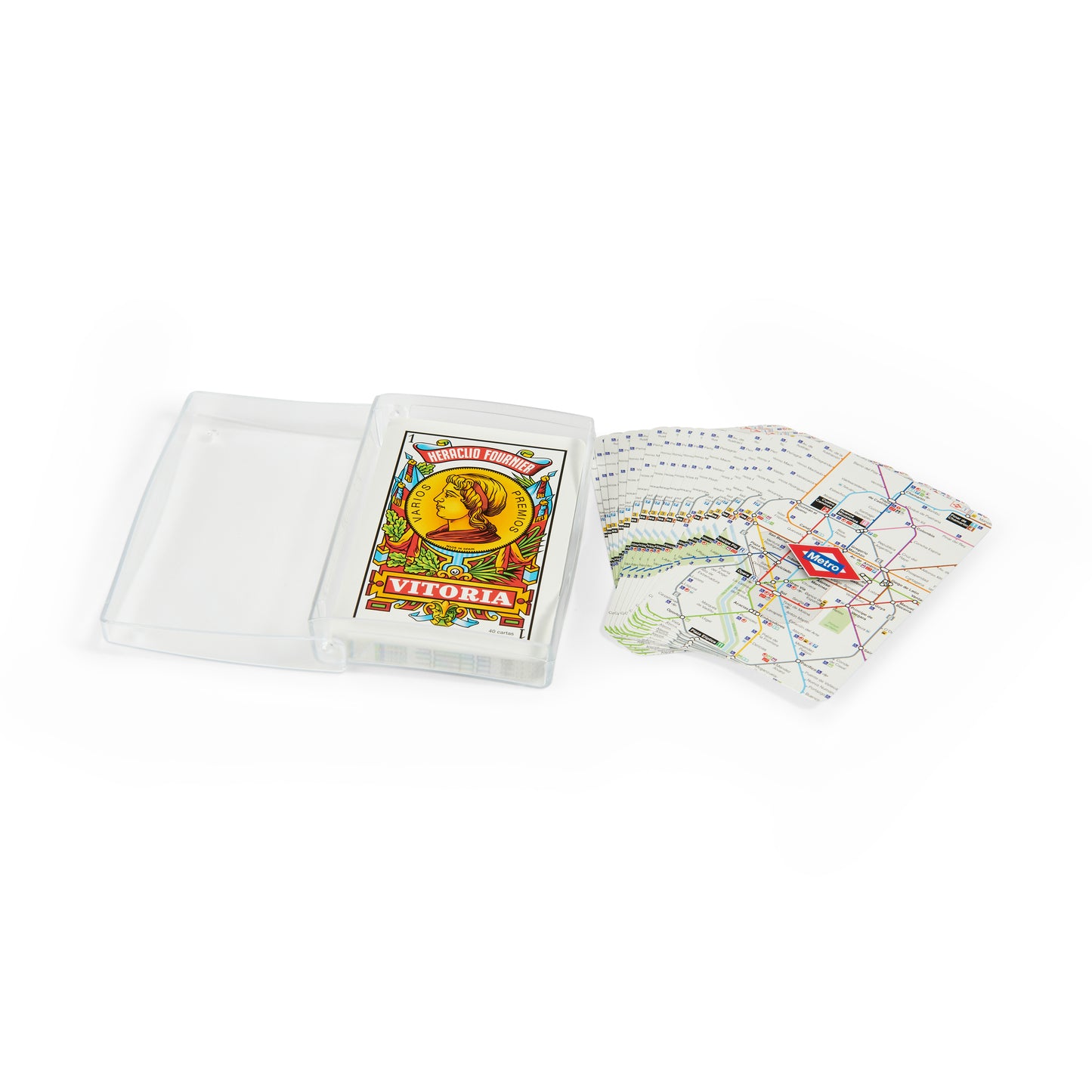 Baraja española Vitoria con cartas del metro de Madrid, funda plástica transparente