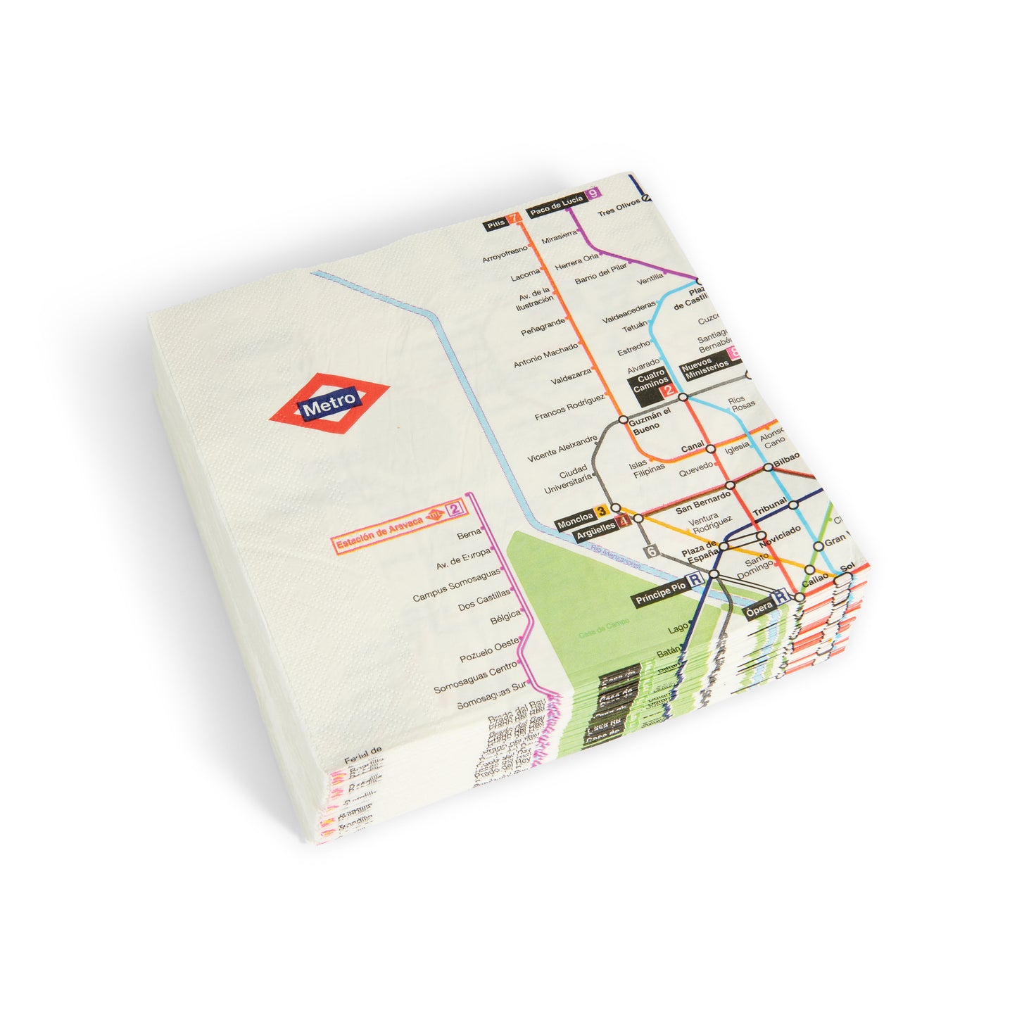 Servilletas con diseño de mapa del metro de Madrid sobre fondo blanco