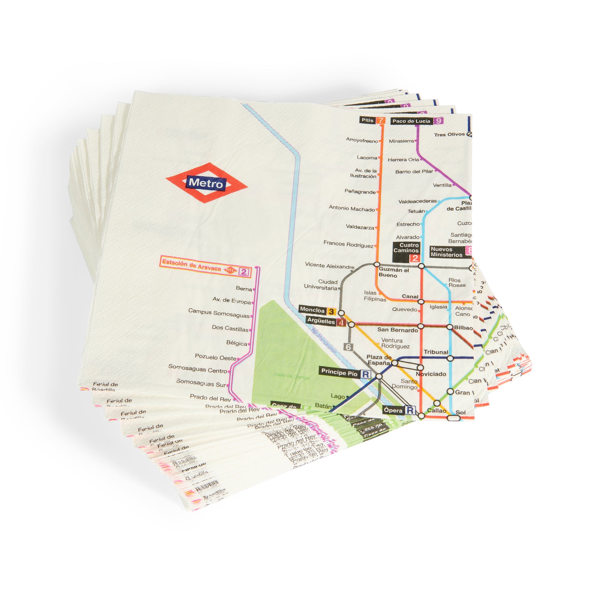 Servilletas impresas con el mapa del Metro de Madrid sobre fondo blanco.