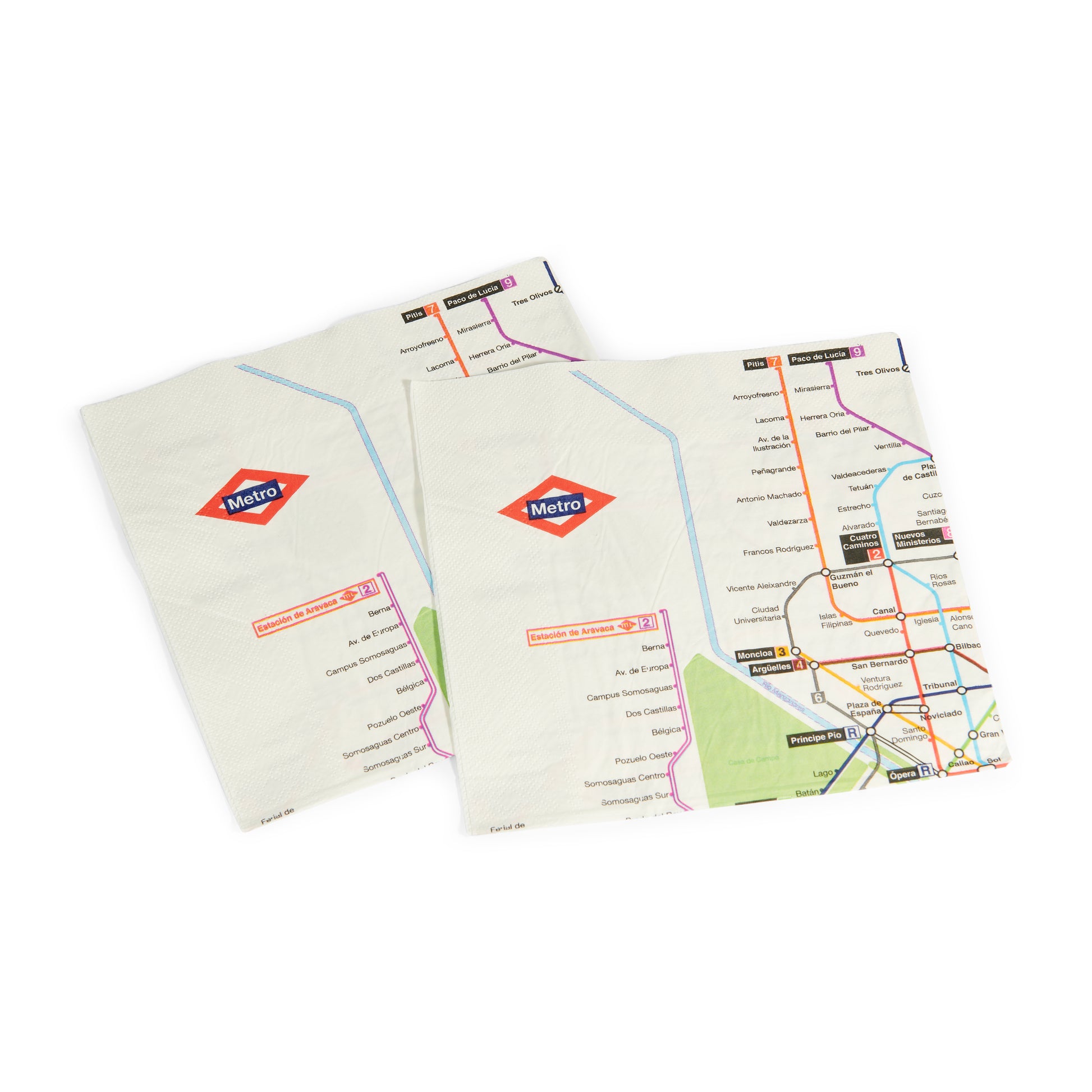Servilletas impresas con mapa del metro de Madrid y logotipo Metro sobre fondo blanco