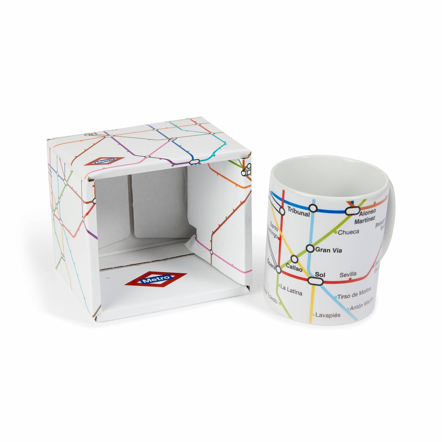 Taza de cerámica con diseño del mapa del Metro de Madrid y caja a juego