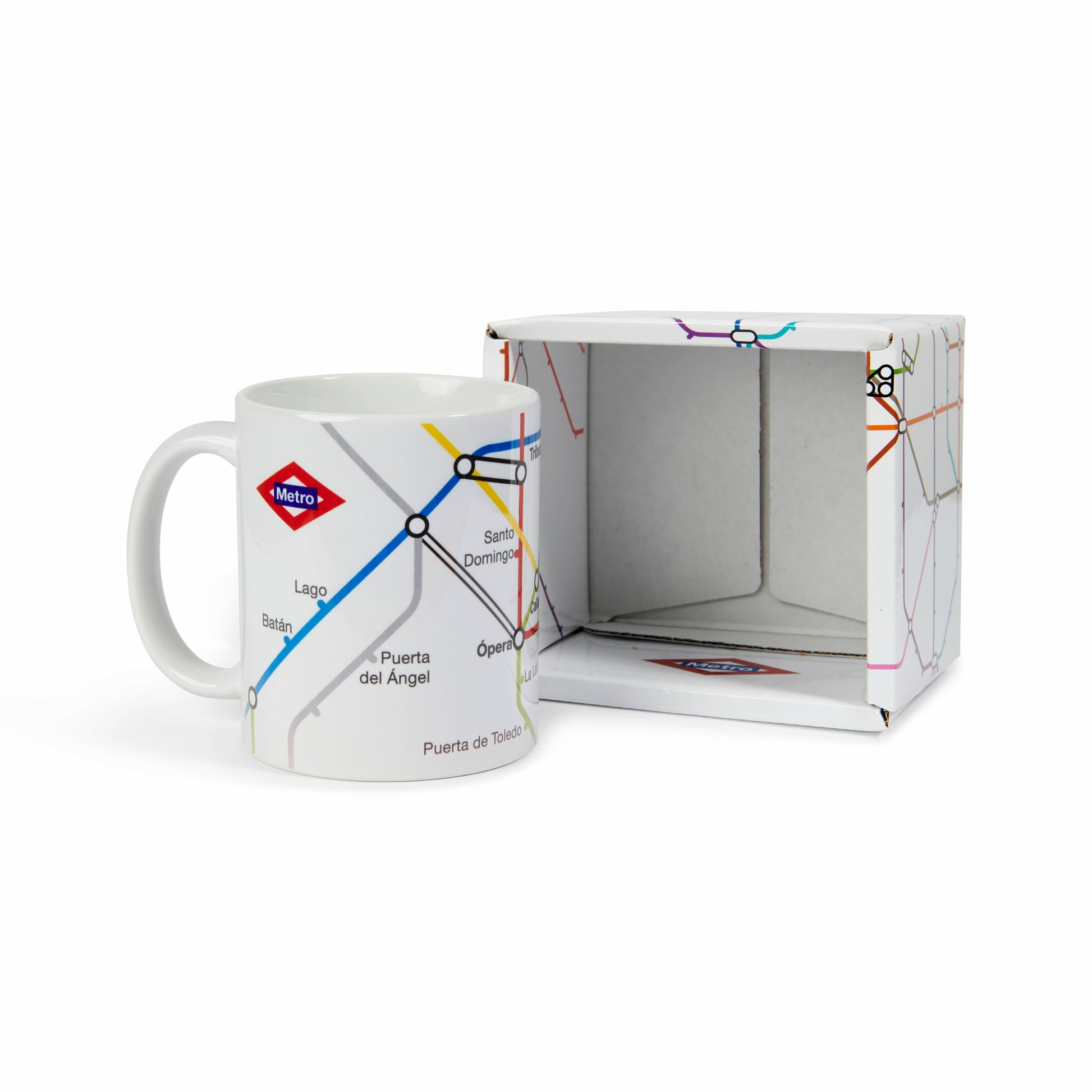 Taza de cerámica con diseño del mapa del Metro de Madrid y caja a juego
