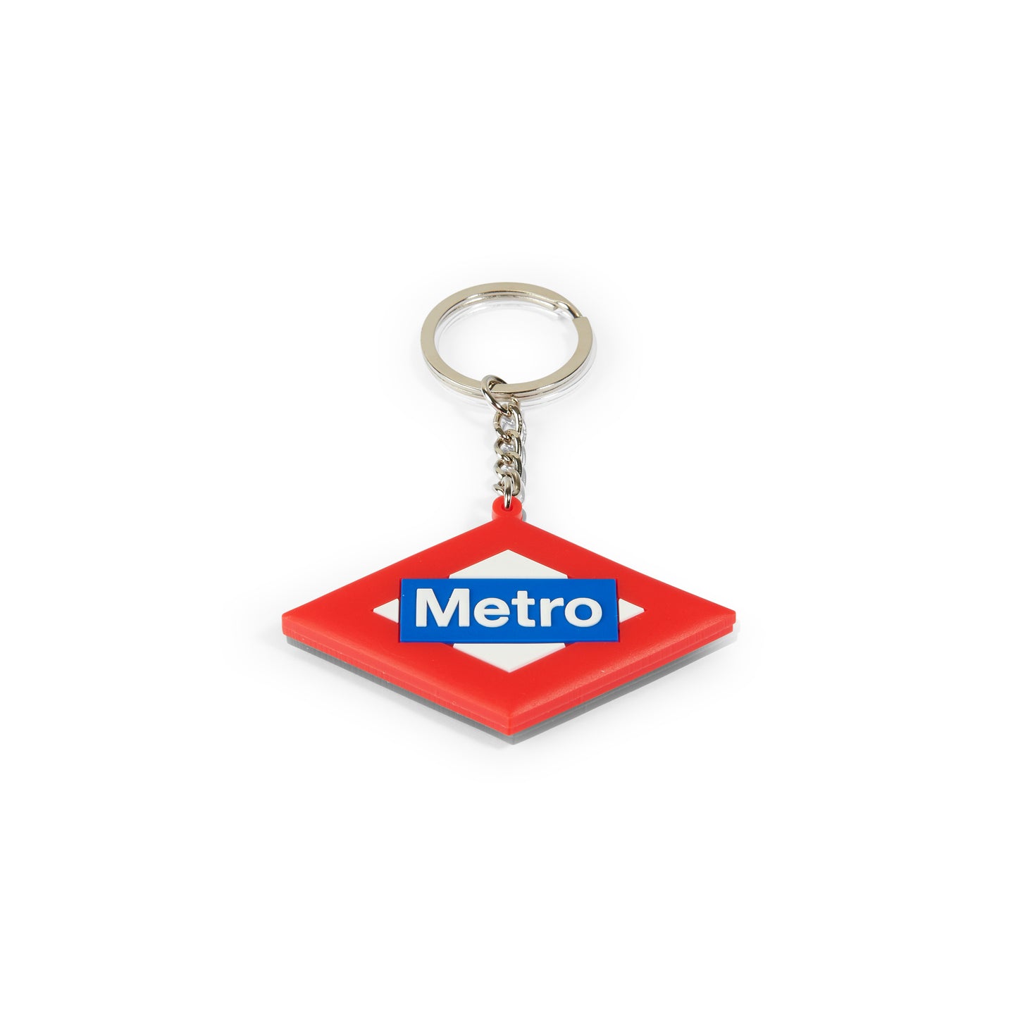 Llavero logo Metro Madrid rojo y blanco, fondo blanco, accesorio transporte urbano