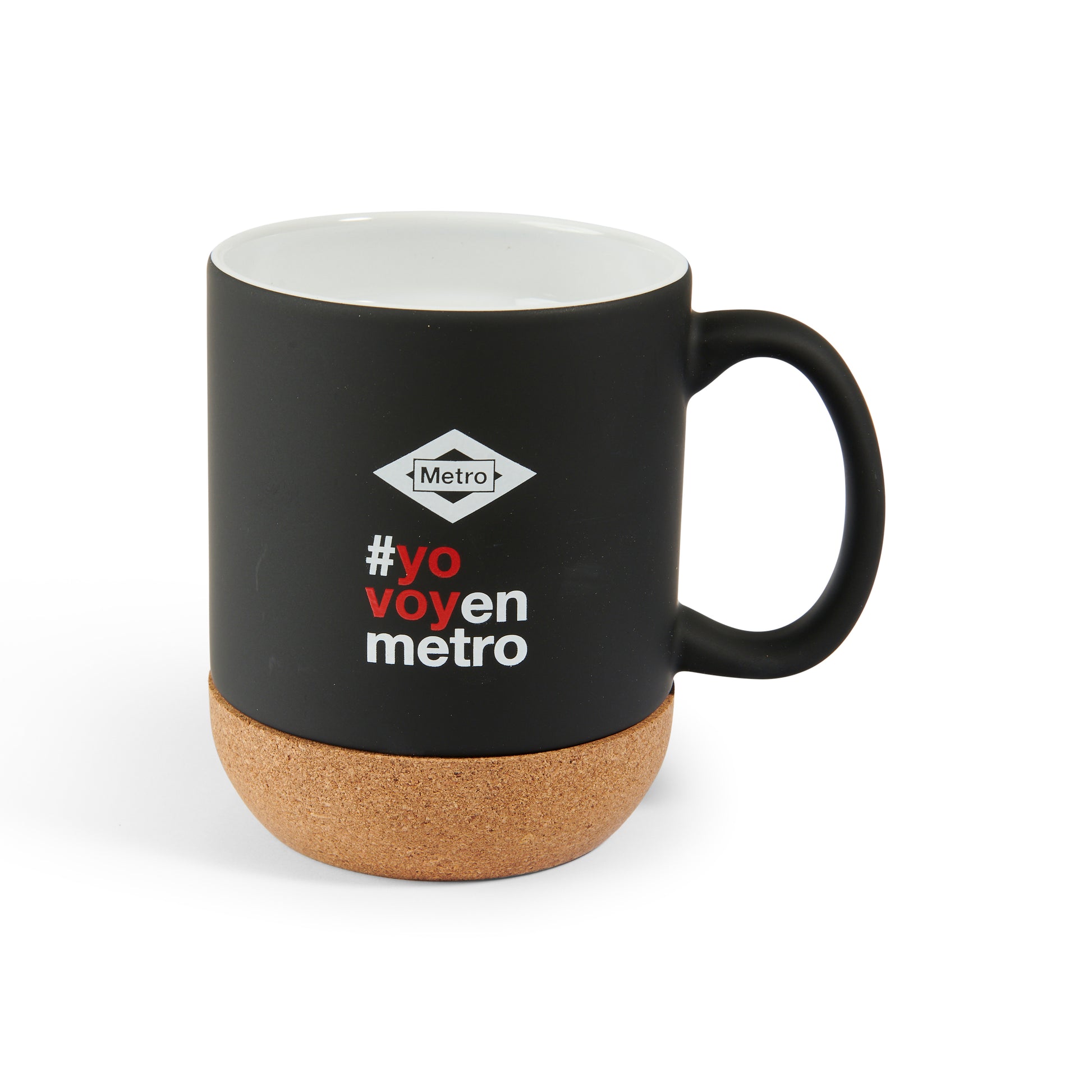 Taza negra Metro con base de corcho y hashtag #yovoyenmetro impreso
