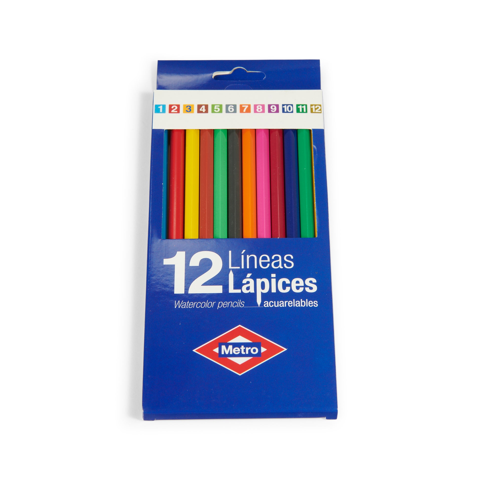 Caja azul de 12 lápices de colores acuarelables Metro, presentación escolar.