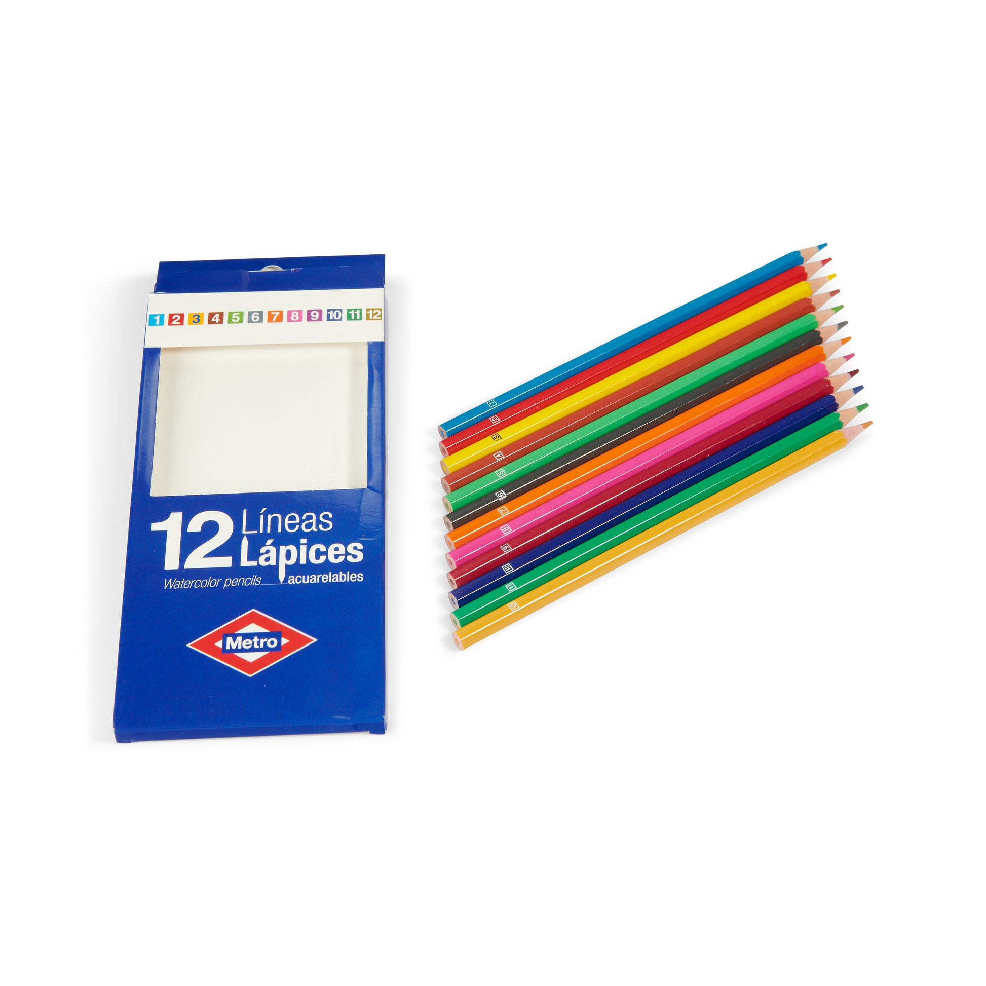 Caja azul de 12 lápices de colores acuarelables Metro, lápices alineados sobre fondo blanco.