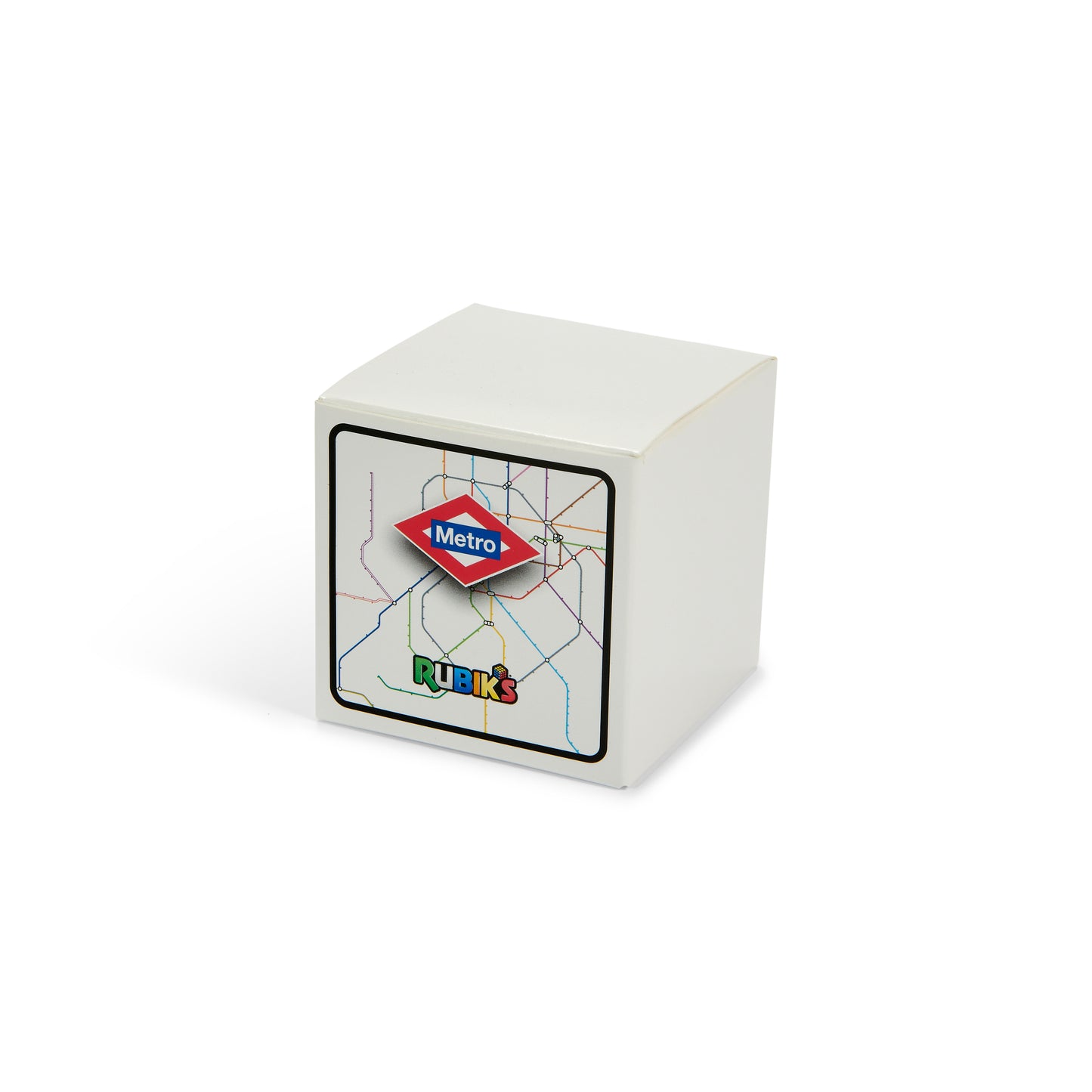 Caja blanca de Rubik's Metro con diseño del mapa del metro y logo de Metro Madrid
