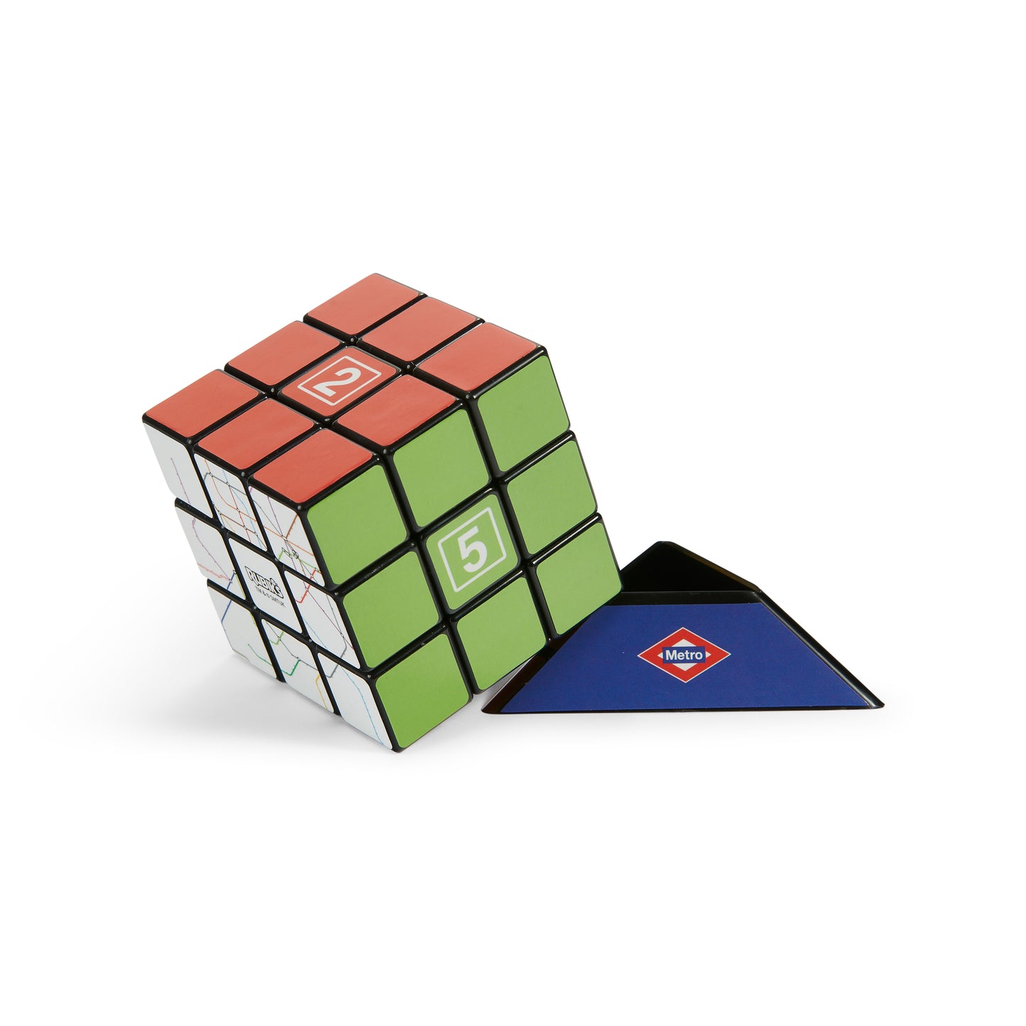 Cubo Rubik Metro de Madrid con soporte azul, caras numeradas y diseño moderno.