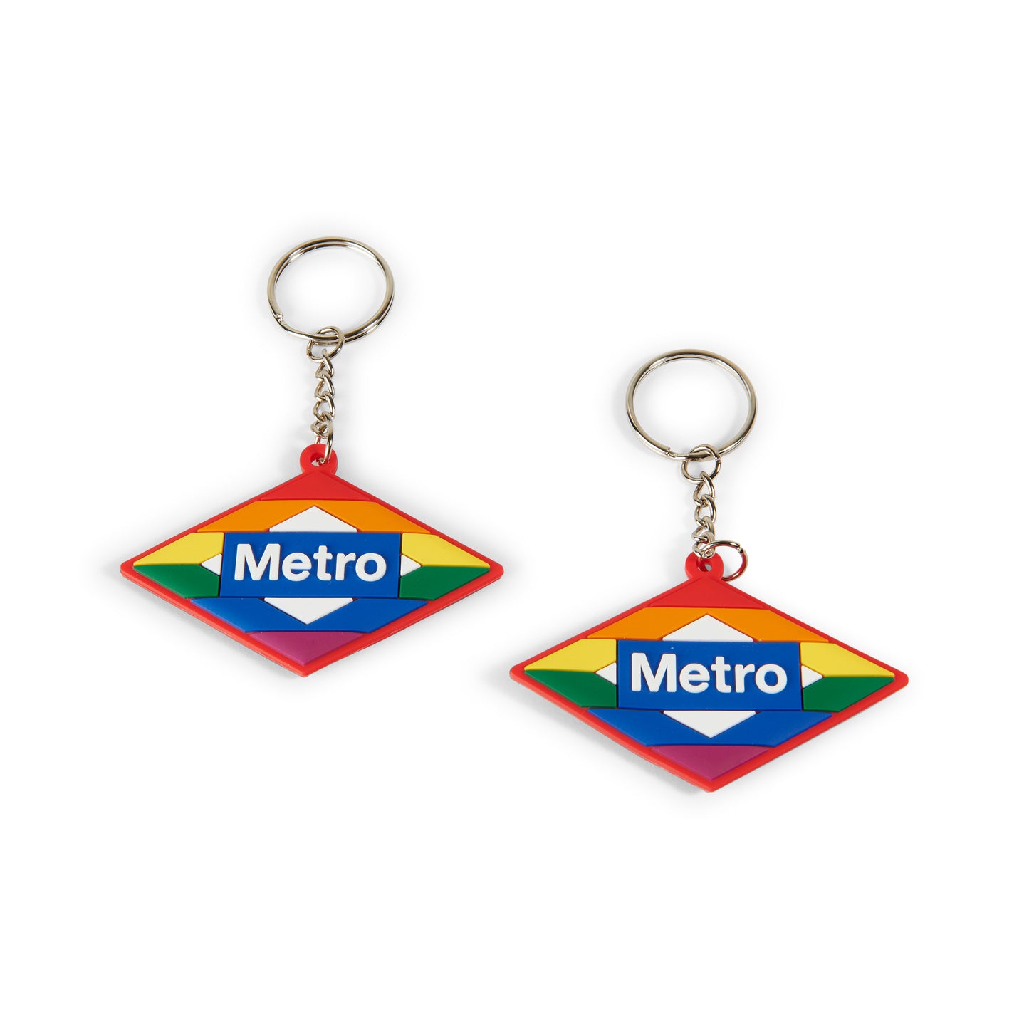 Llavero Metro con diseño colorido y forma de rombo sobre fondo blanco