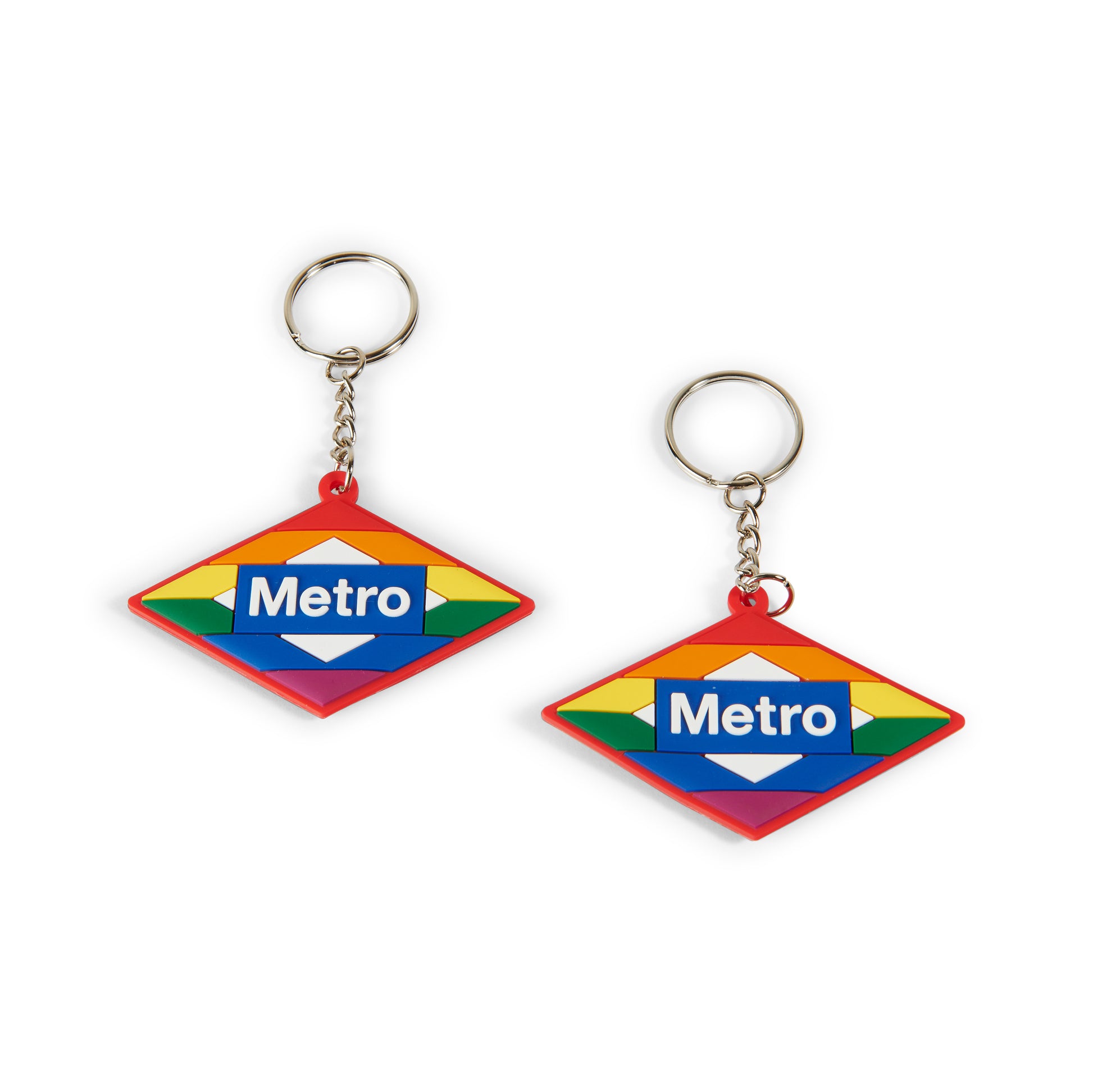 Llavero Metro con diseño colorido y forma de rombo sobre fondo blanco
