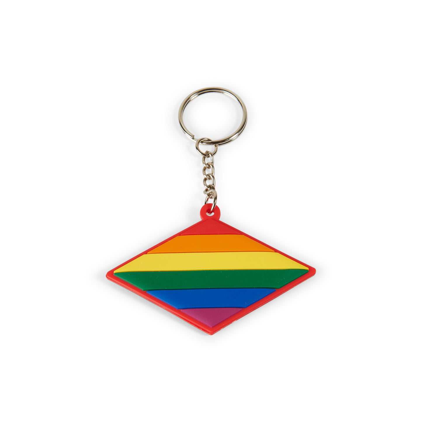 Llavero metro Madrid con diseño bandera arcoíris LGBT sobre fondo blanco