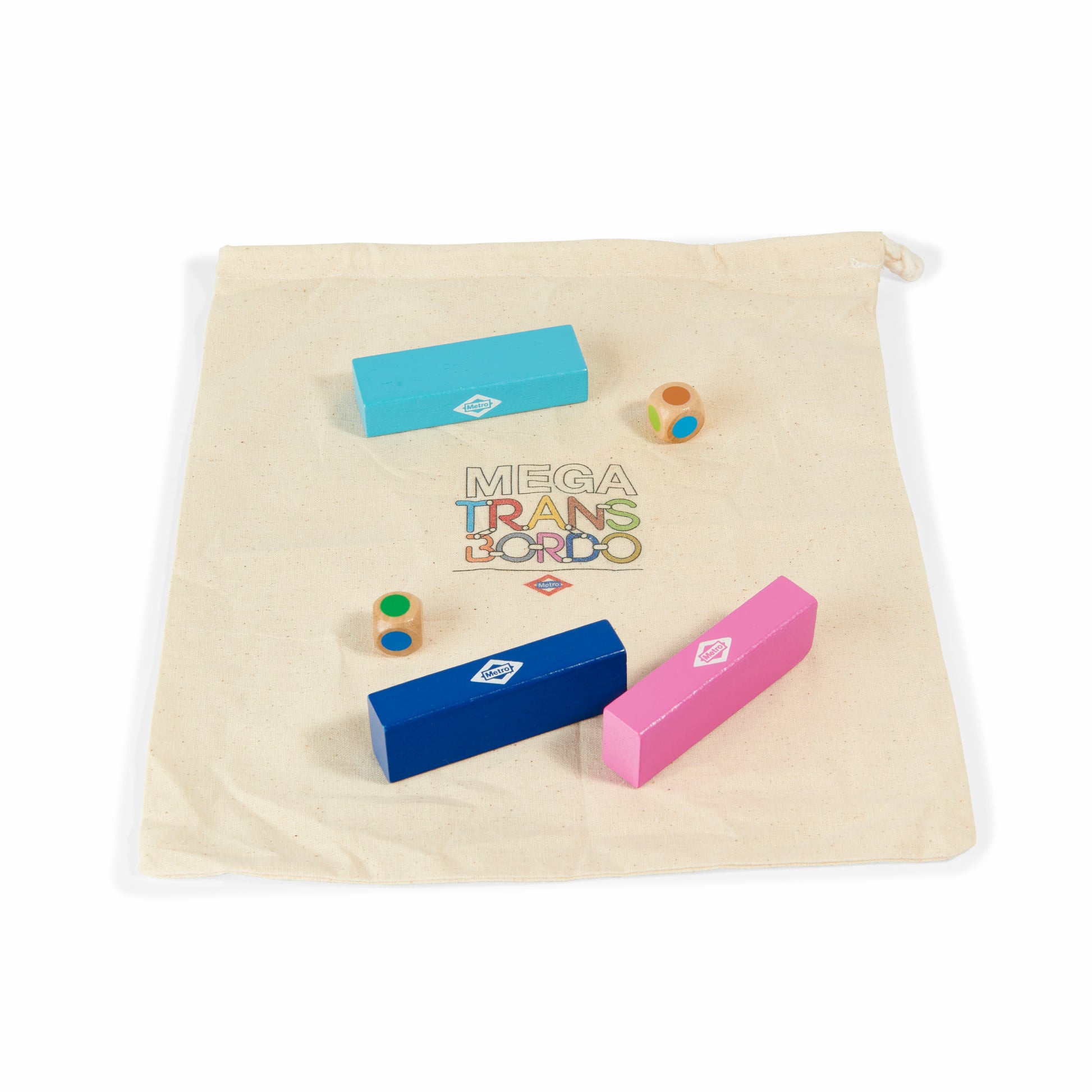 Bolsa de tela Mega Transbordo con bloques de madera y dados de colores para juego educativo