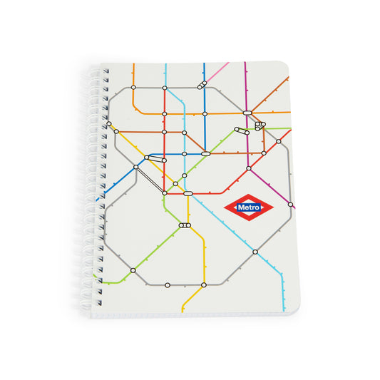 Libreta con espiral diseño mapa de metro multicolor y logo Metro sobre fondo blanco