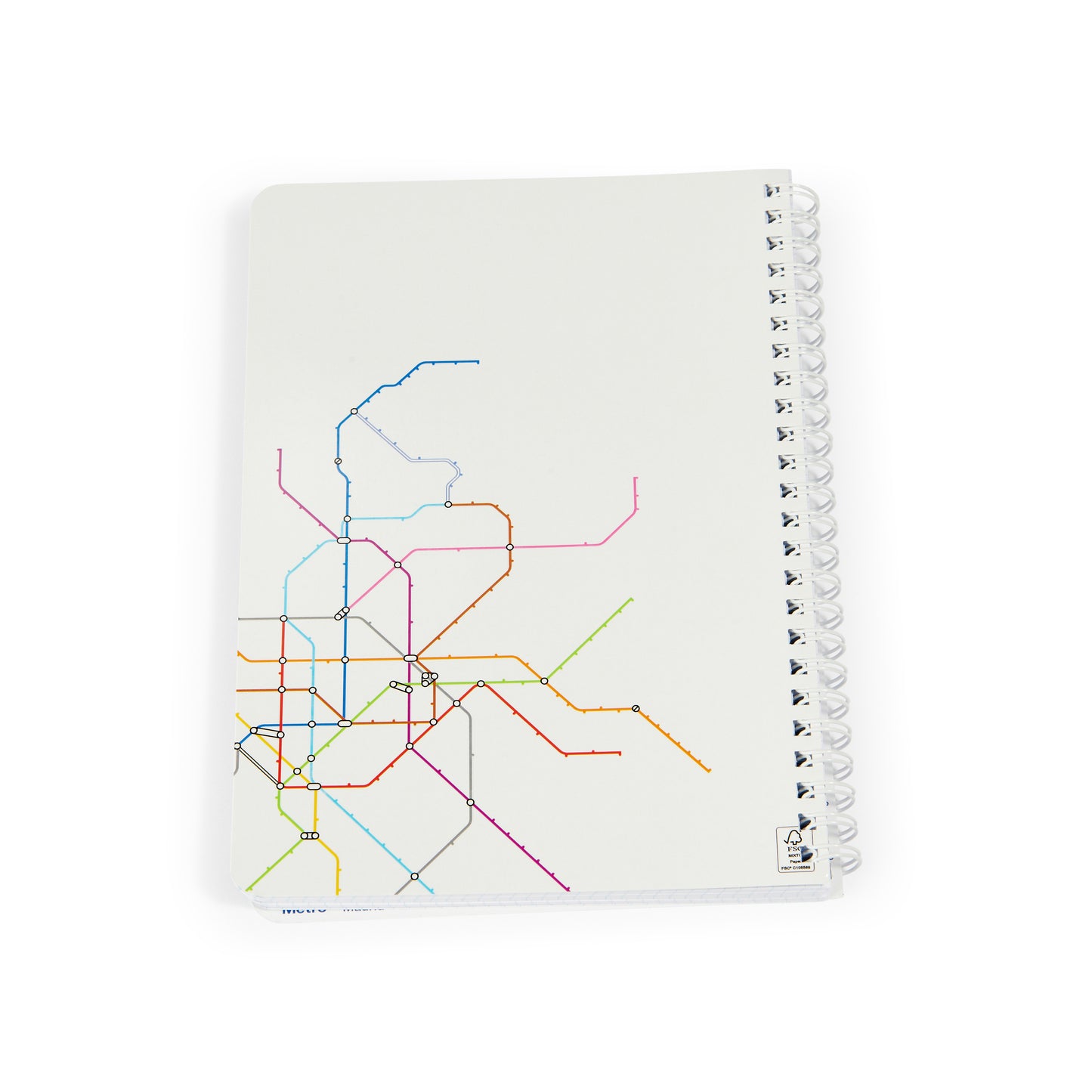 Libreta blanca con espiral y diseño de mapa de metro multicolor en la portada