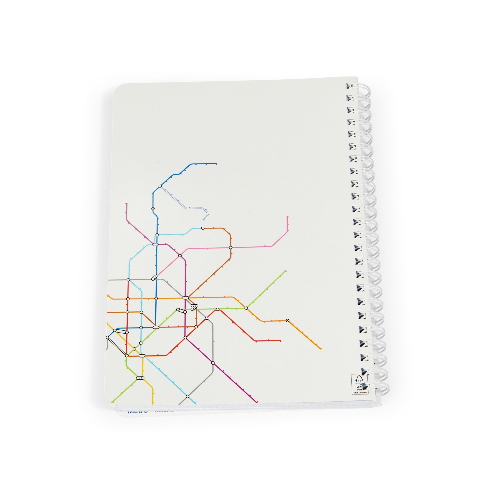 Libreta blanca con espiral y diseño de mapa de metro multicolor en la portada