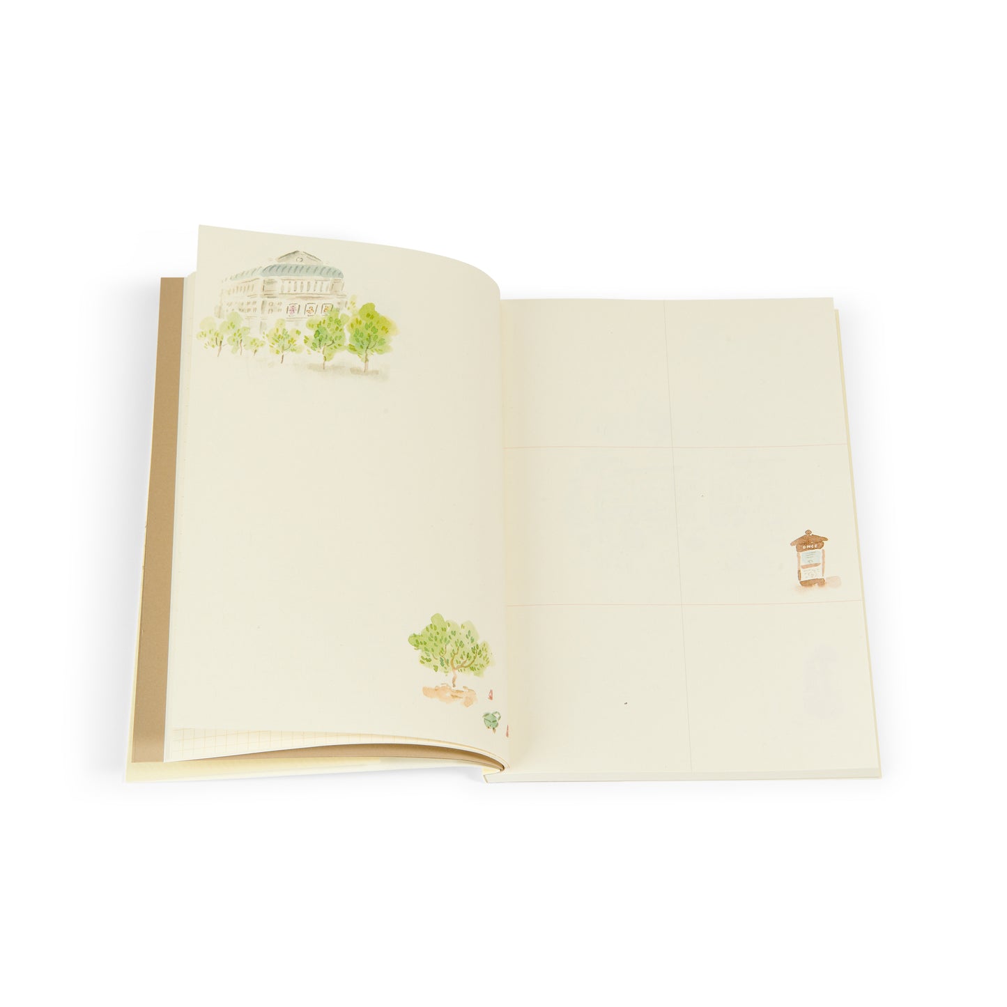 Cuaderno abierto con ilustraciones de árboles, edificio y señal, hojas blancas y limpias