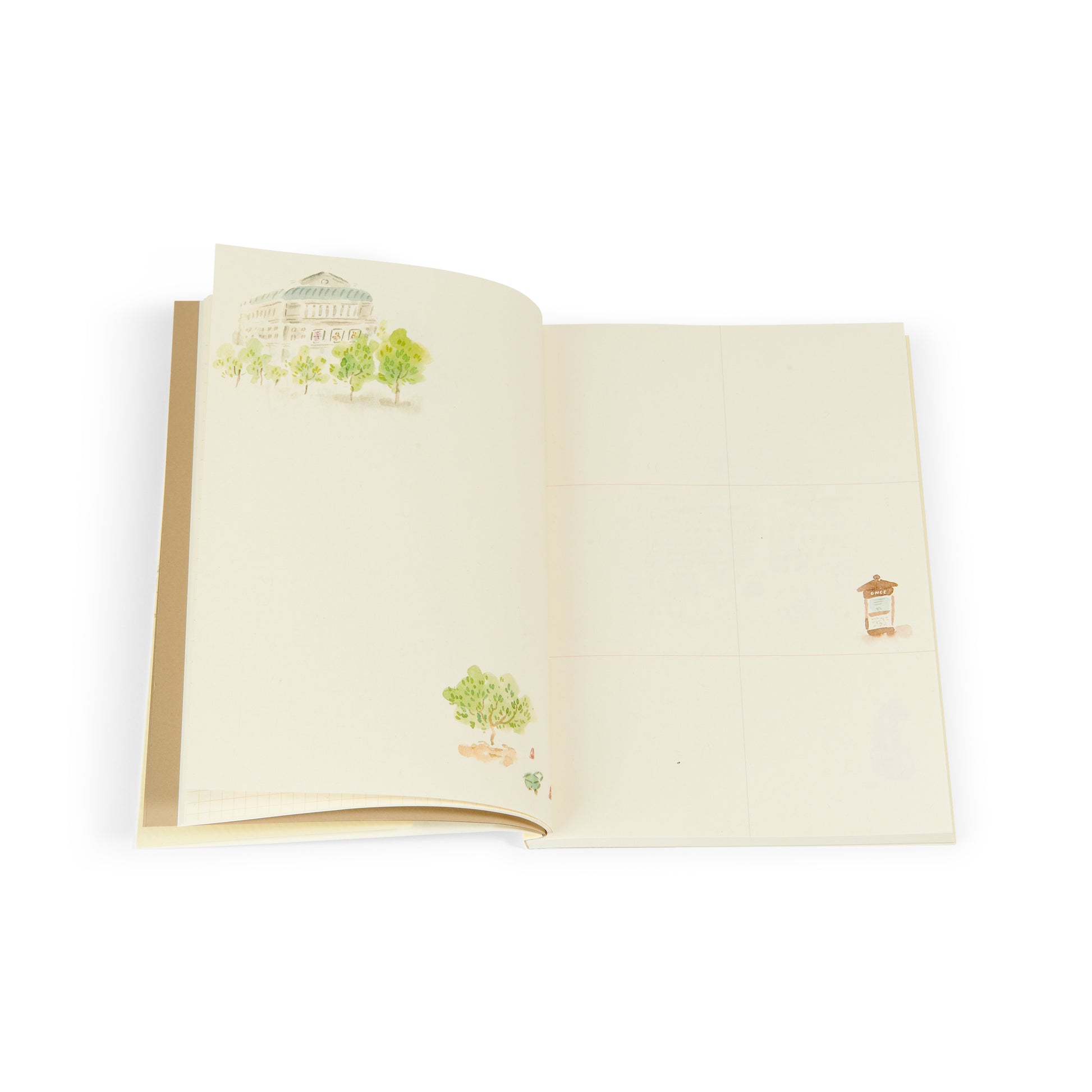 Cuaderno abierto con ilustraciones de árboles, edificio y señal, hojas blancas y limpias