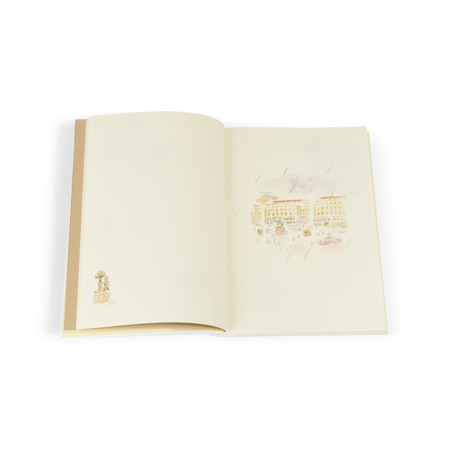 Libro abierto con ilustraciones a color de una plaza y edificio, fondo blanco