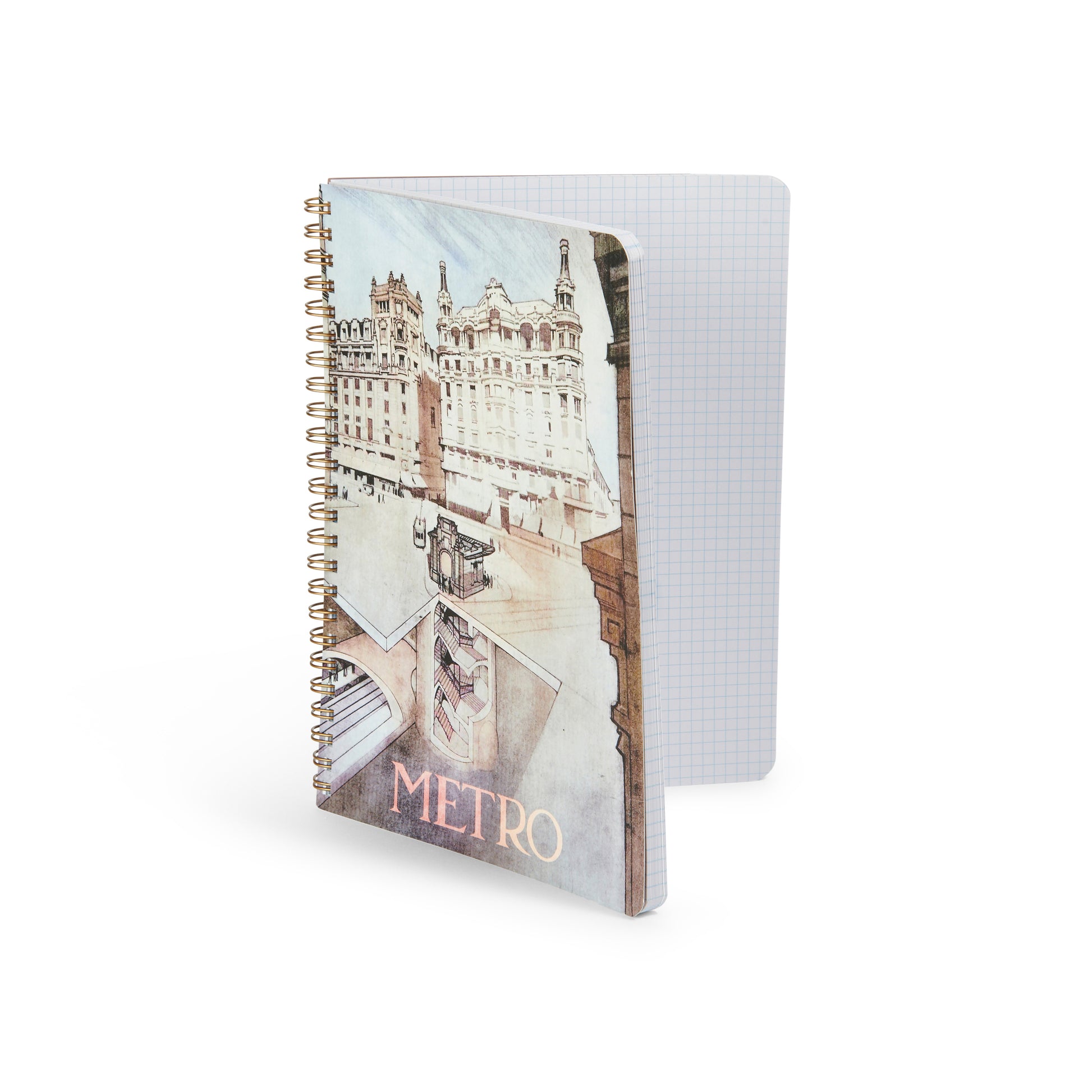 Cuaderno de espiral con portada ilustrada del metro y edificio histórico, hojas cuadriculadas