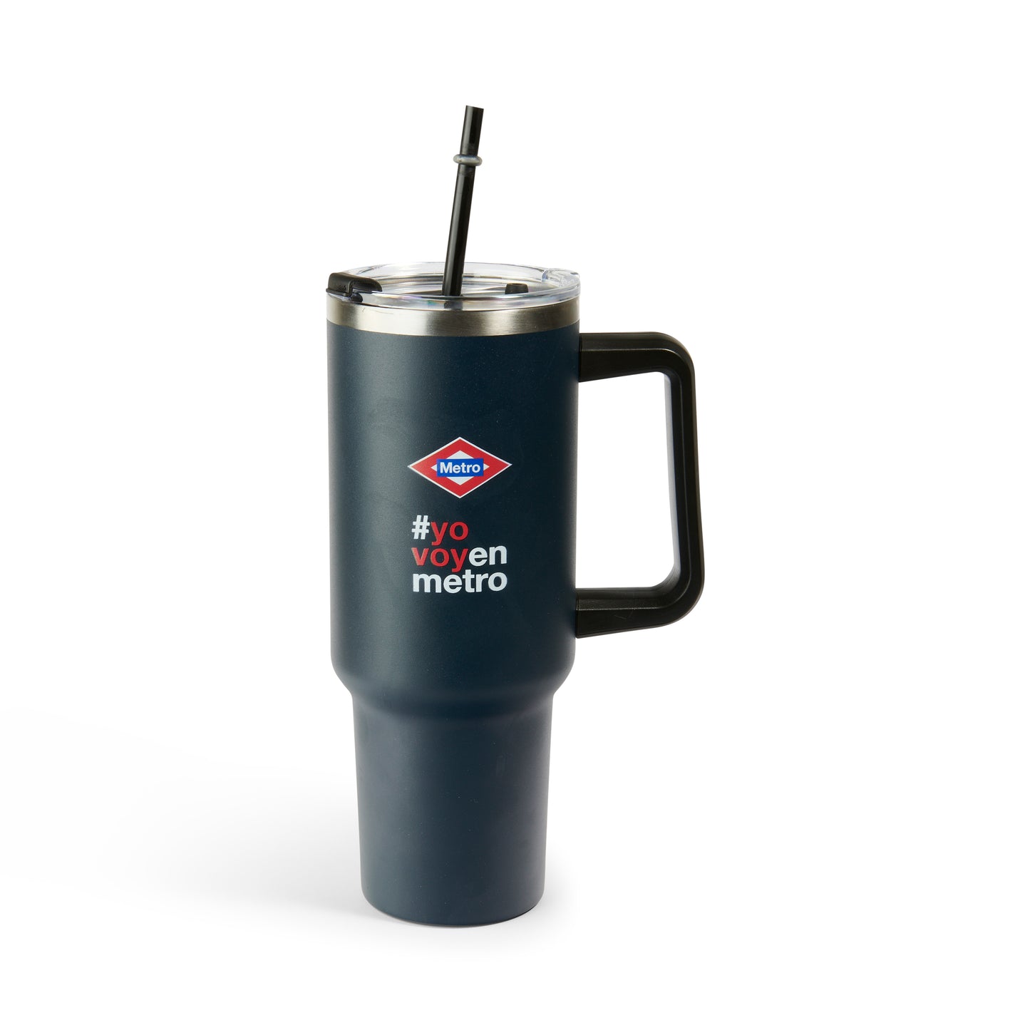Vaso térmico negro Metro con tapa, popote y frase #yovoyenmetro para transporte público.