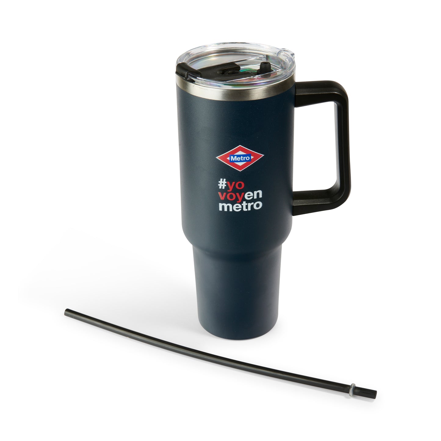Vaso térmico Metro azul con asa, tapa transparente y popote incluído, frase #yovoyenmetro