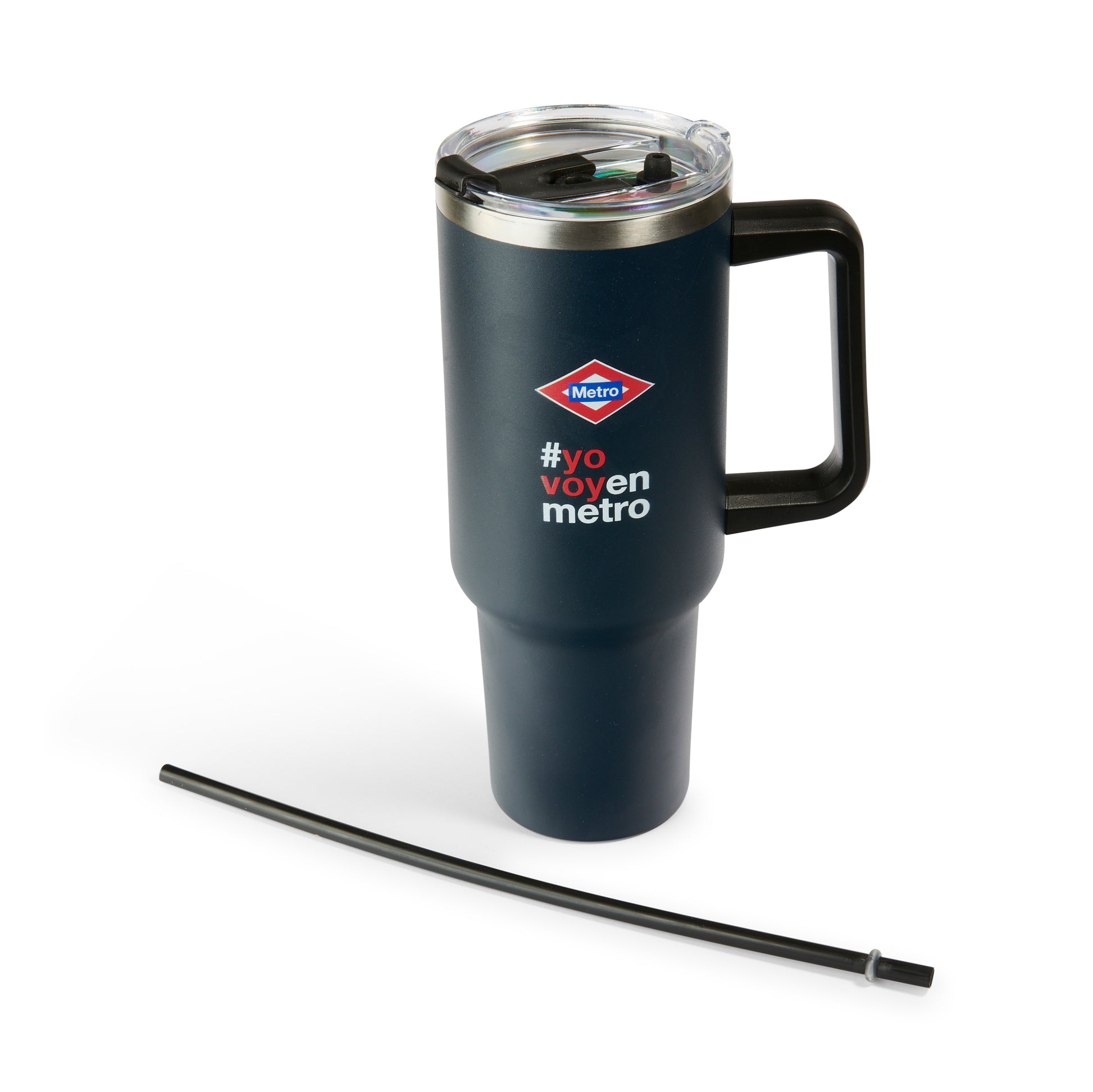 Vaso térmico Metro azul con asa, tapa transparente y popote incluído, frase #yovoyenmetro