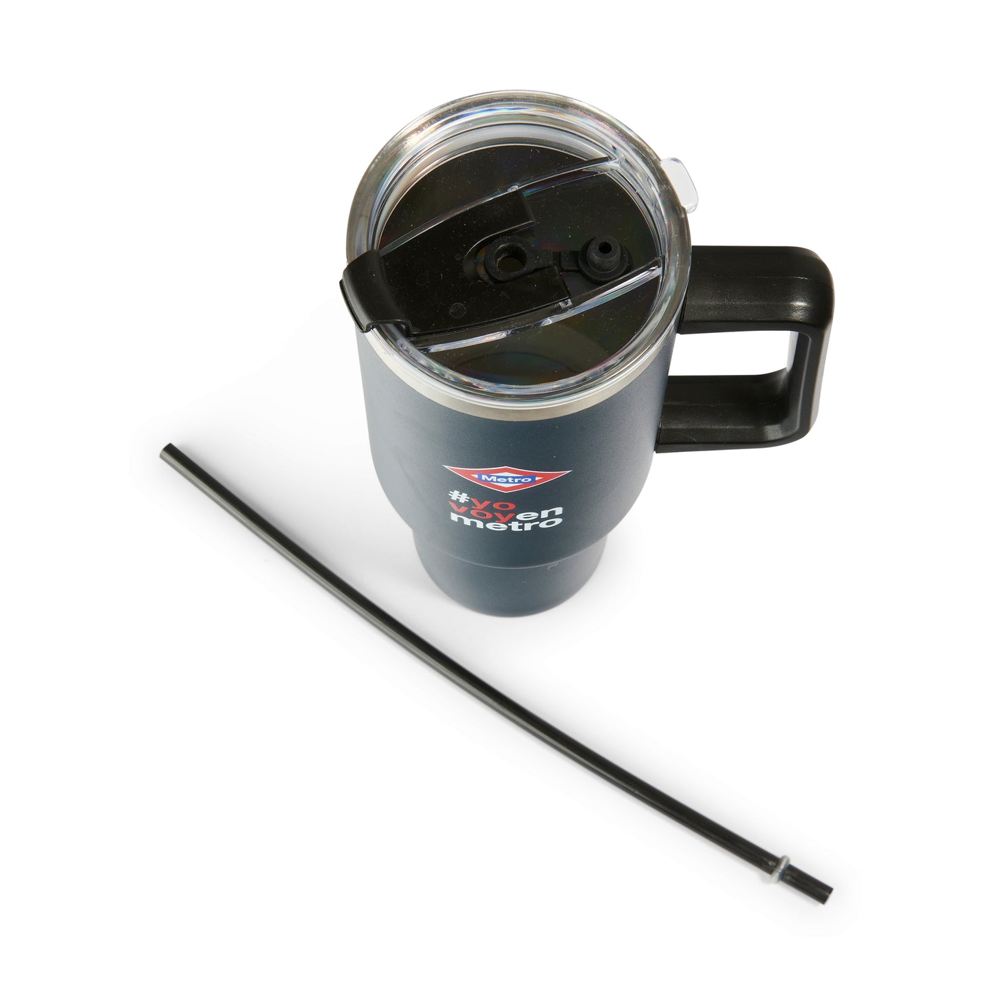 Vaso térmico negro con tapa transparente, asa y popote, logo Metro y texto #yoenmetro