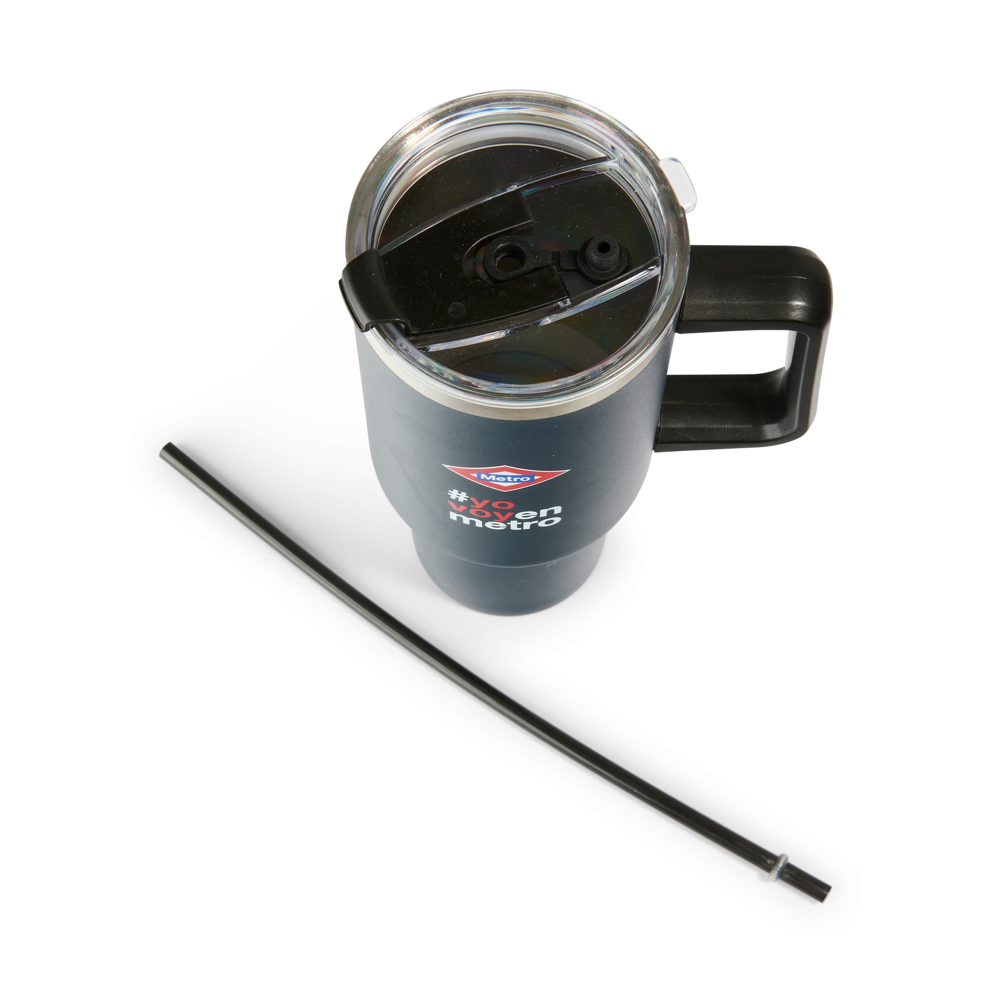 Vaso térmico negro con tapa transparente, asa y popote, logo Metro y texto #yoenmetro