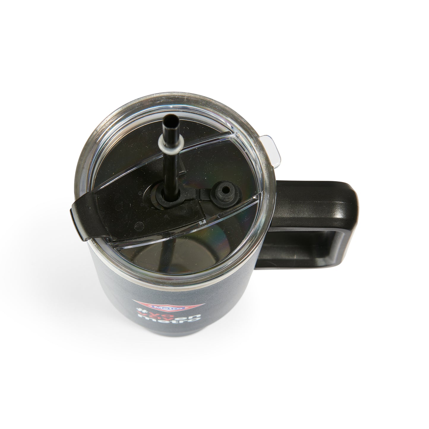 Vaso térmico negro con tapa transparente, popote negro y asa amplia en fondo blanco.