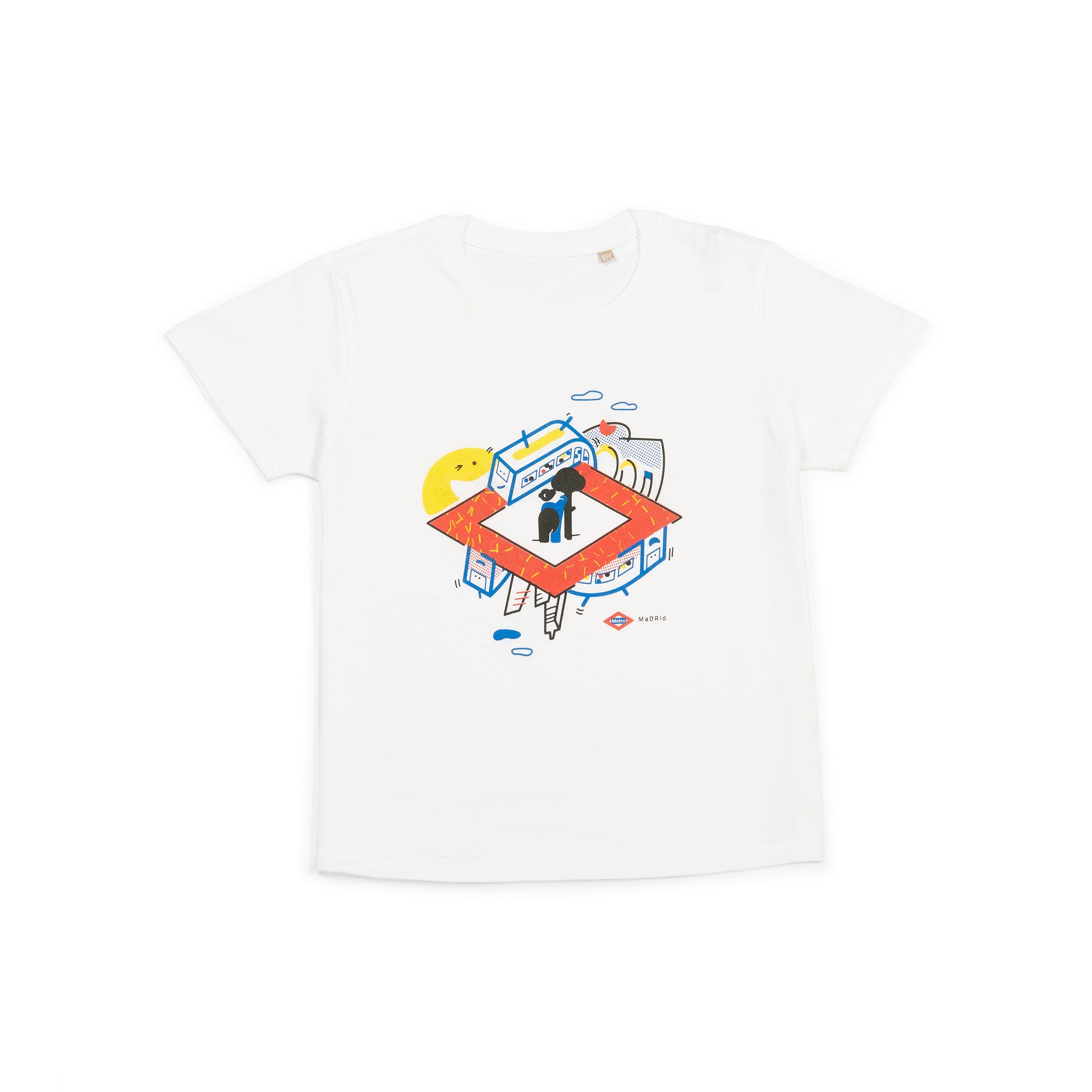 Camiseta blanca con ilustración colorida de edificio, sol y figura humana, ropa juvenil