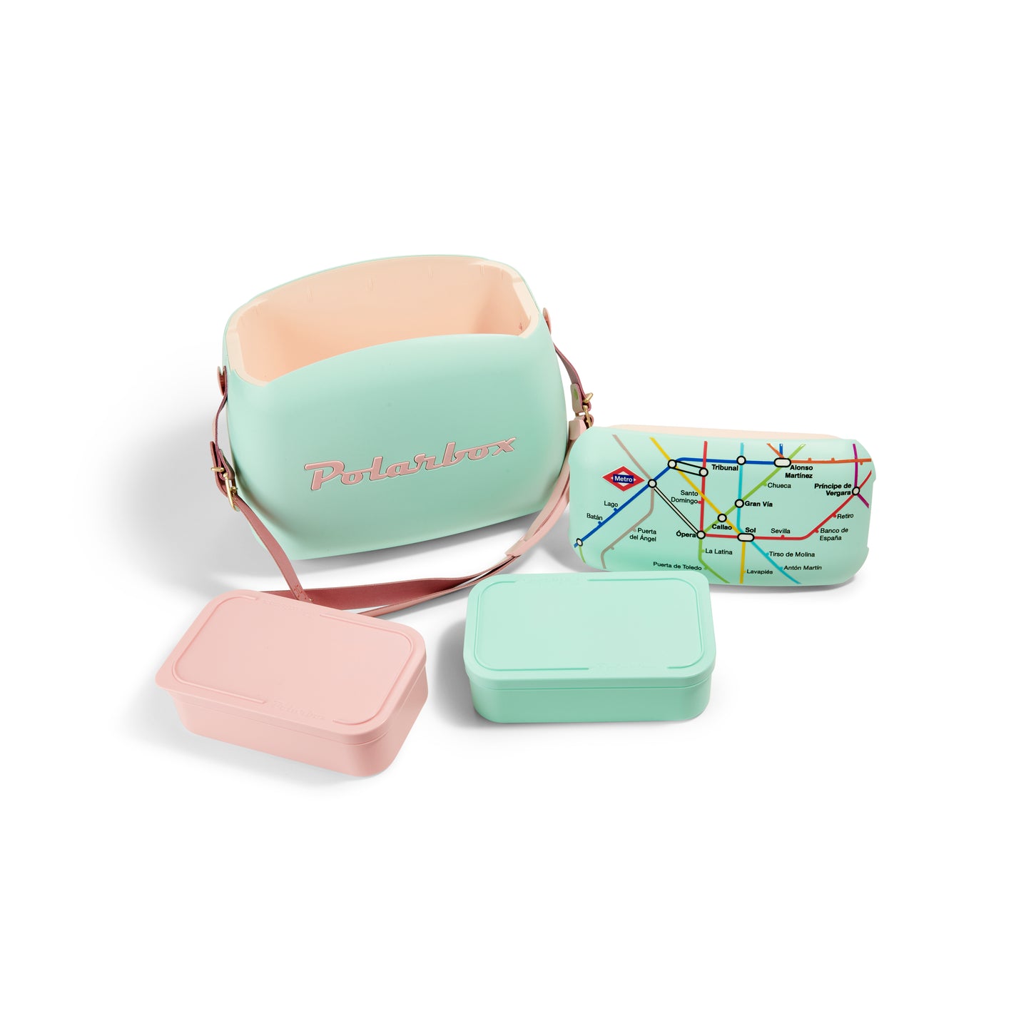 Nevera portátil Polarbox 6L color pastel con fiambreras, tapa decorada con mapa de metro.
