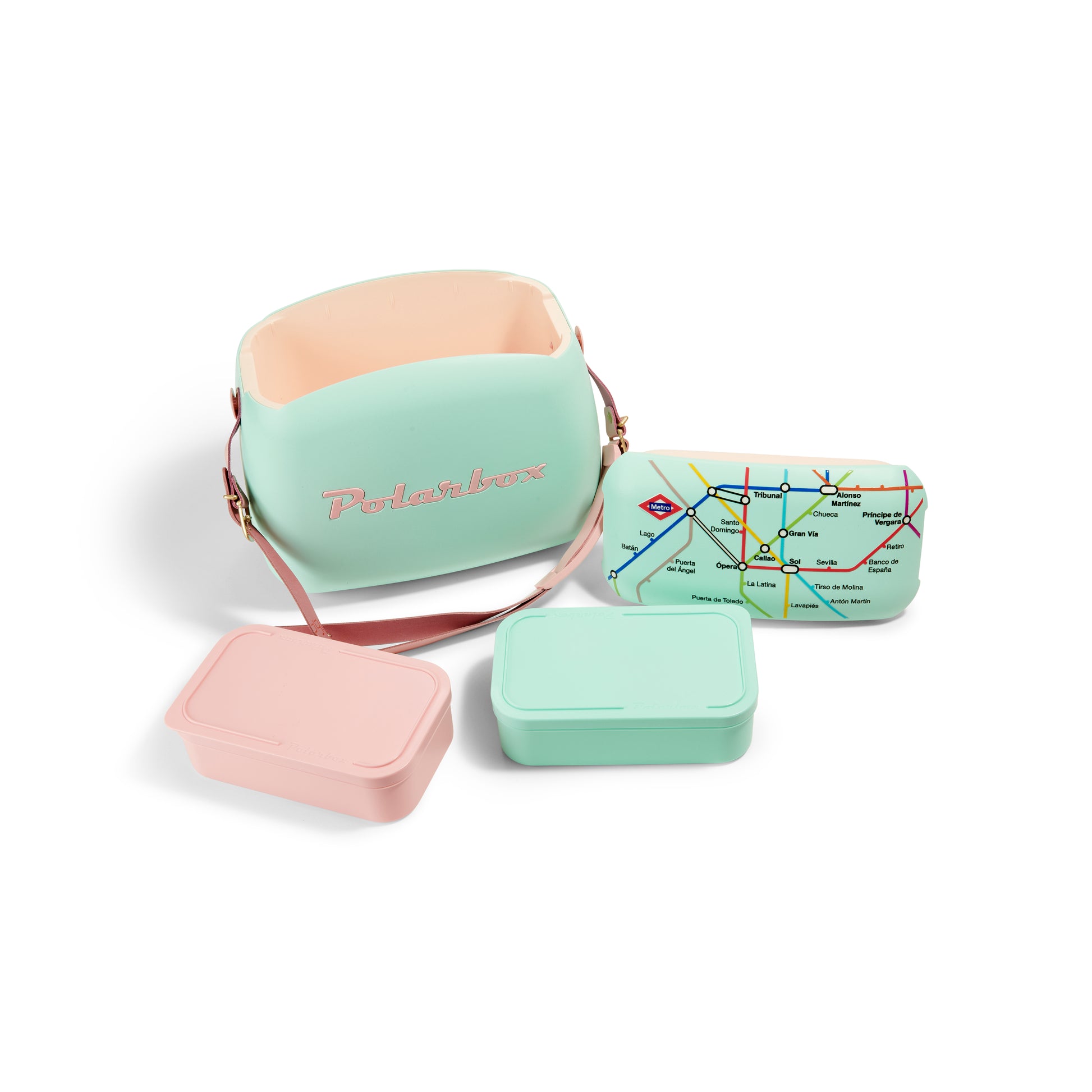 Nevera portátil Polarbox 6L color pastel con fiambreras, tapa decorada con mapa de metro.
