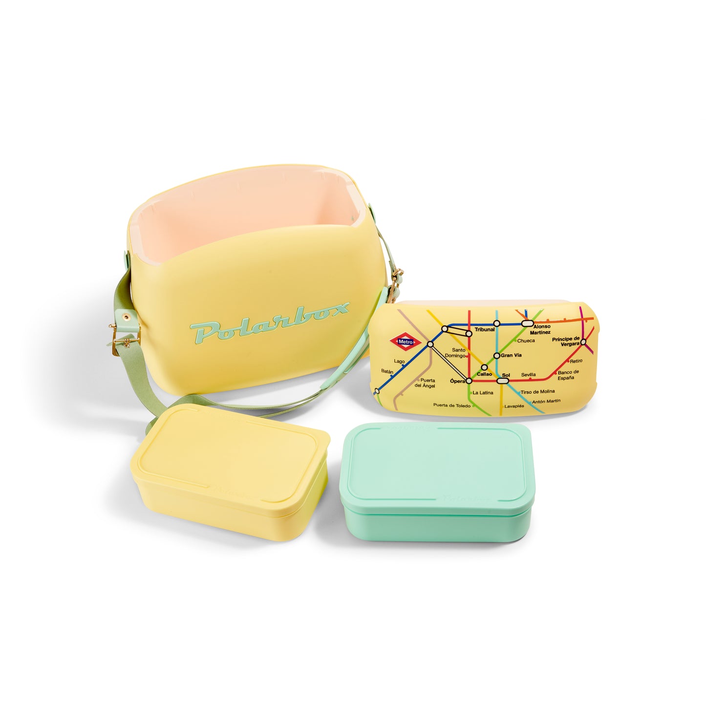 Nevera Polarbox 6L amarilla con fiambreras y estuche con diseño de mapa de metro