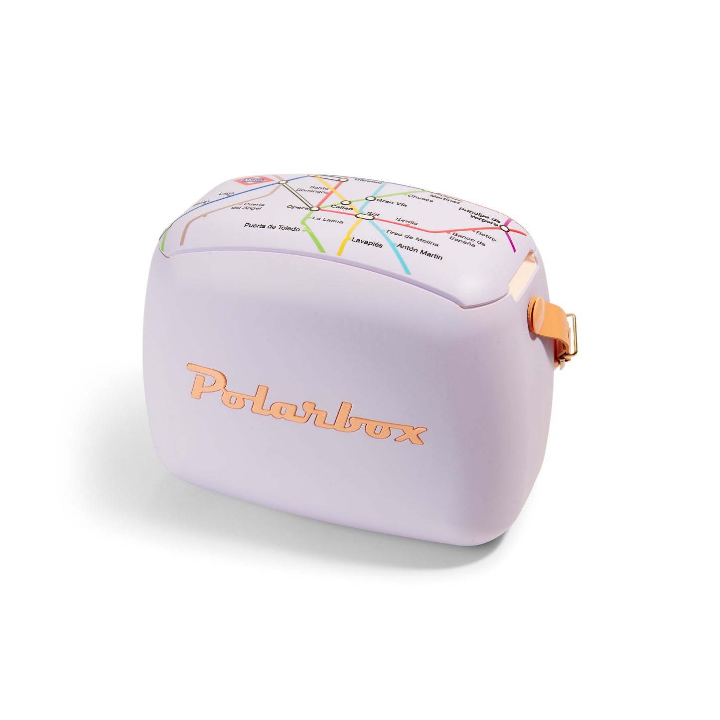 Nevera portátil Polarbox 6L color lila con diseño de mapa de metro en la tapa