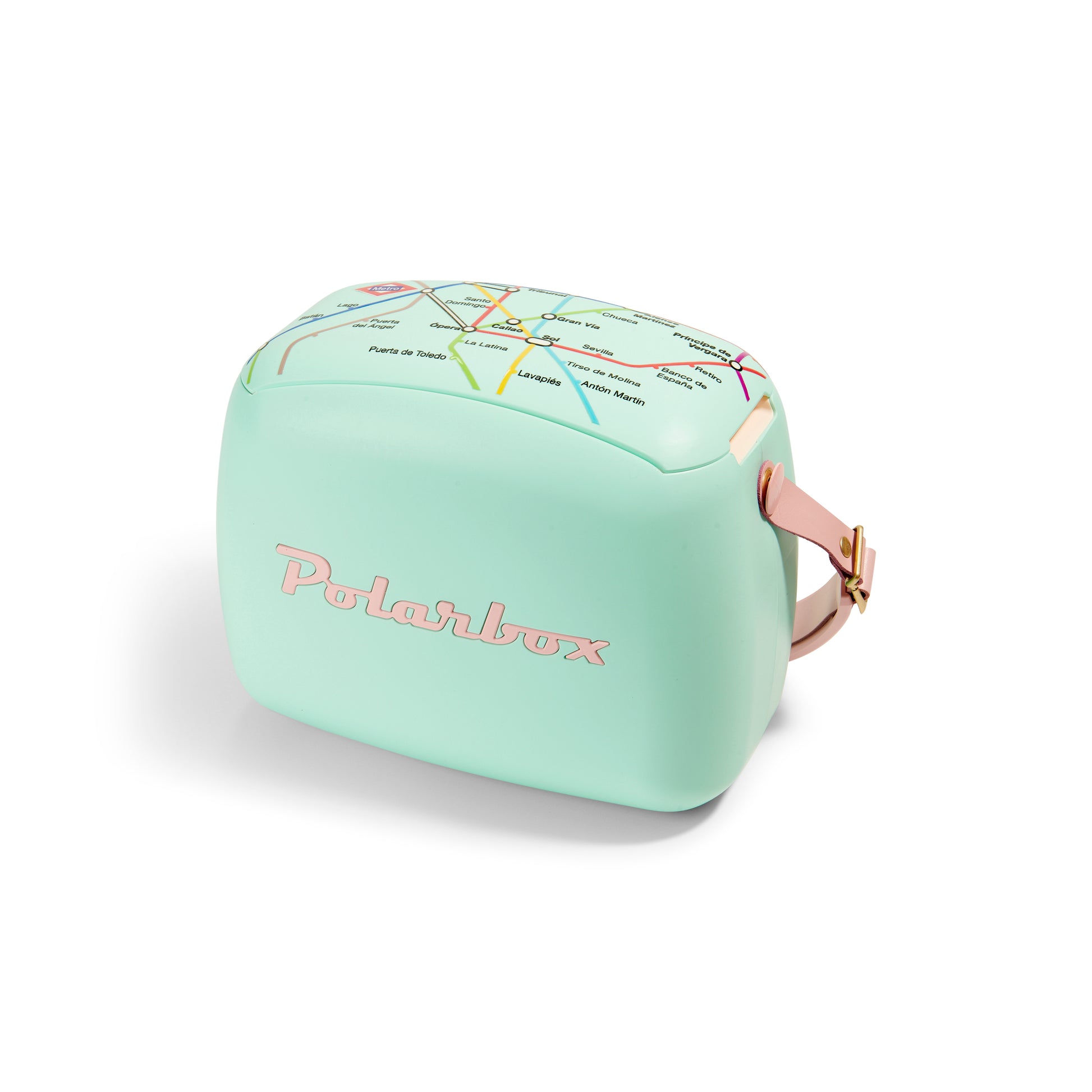 Nevera portátil Polarbox verde menta con correa rosa y diseño mapa de metro en la tapa