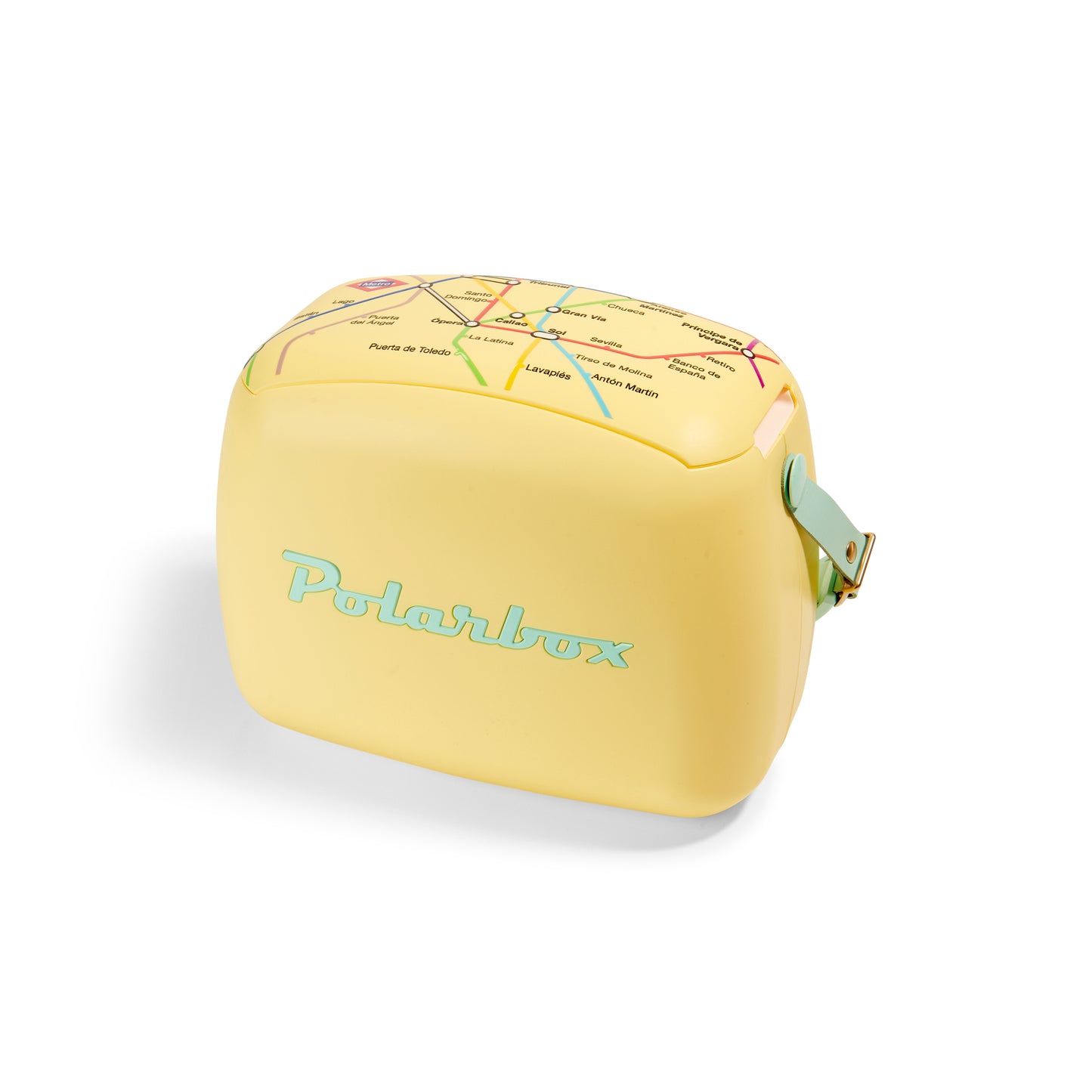 Nevera Polarbox amarilla de 6L con tapa estampada de mapa de metro, sobre fondo blanco