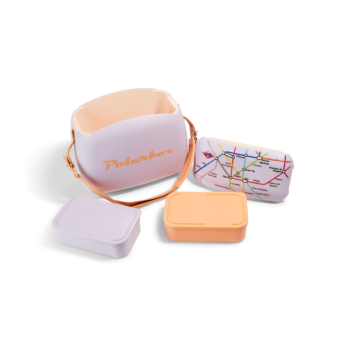 Nevera Polarbox 6L lila y naranja con fiambreras y tapa con mapa del metro de Madrid