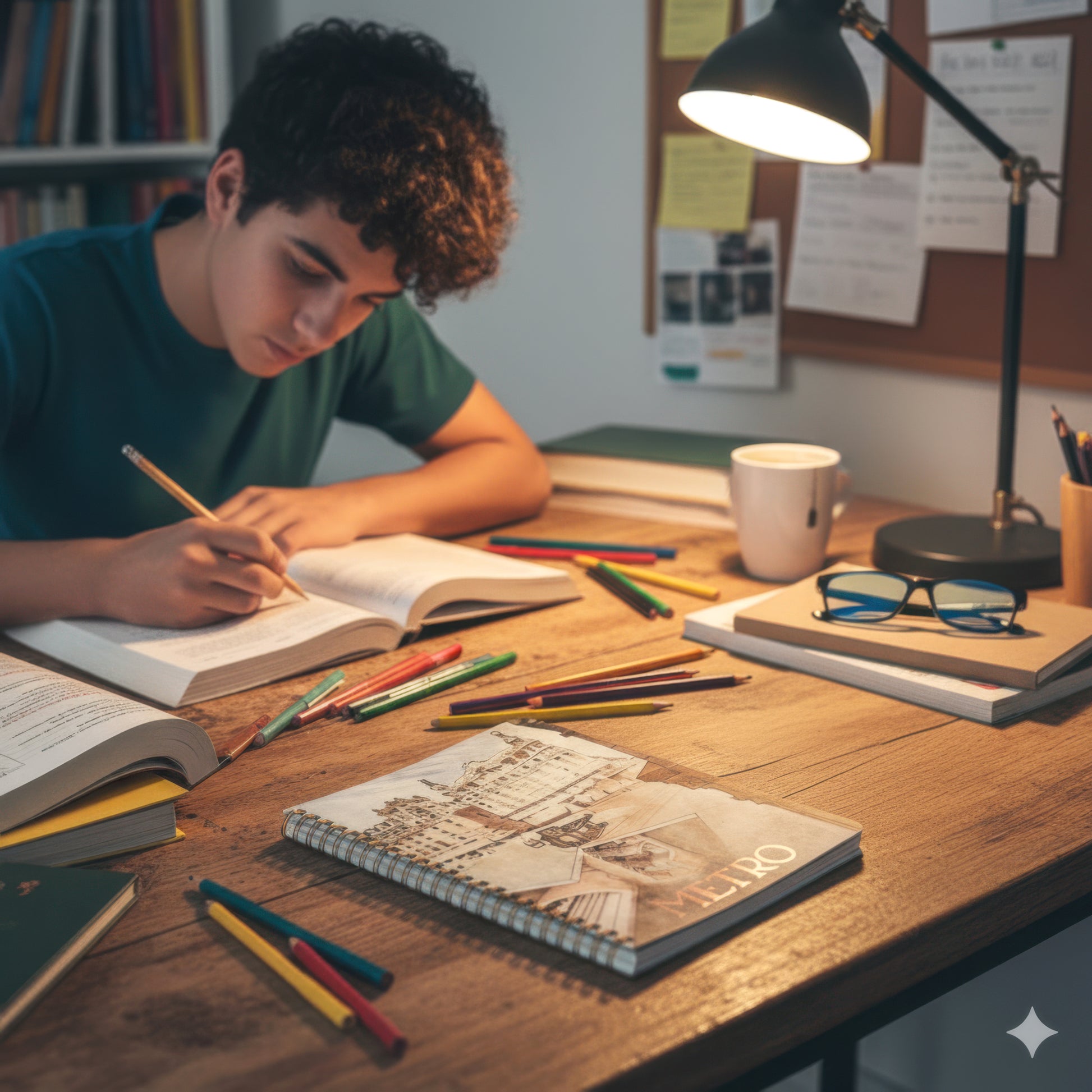 Estudiante adolescente escribiendo en escritorio con libros, cuadernos y lápices de colores